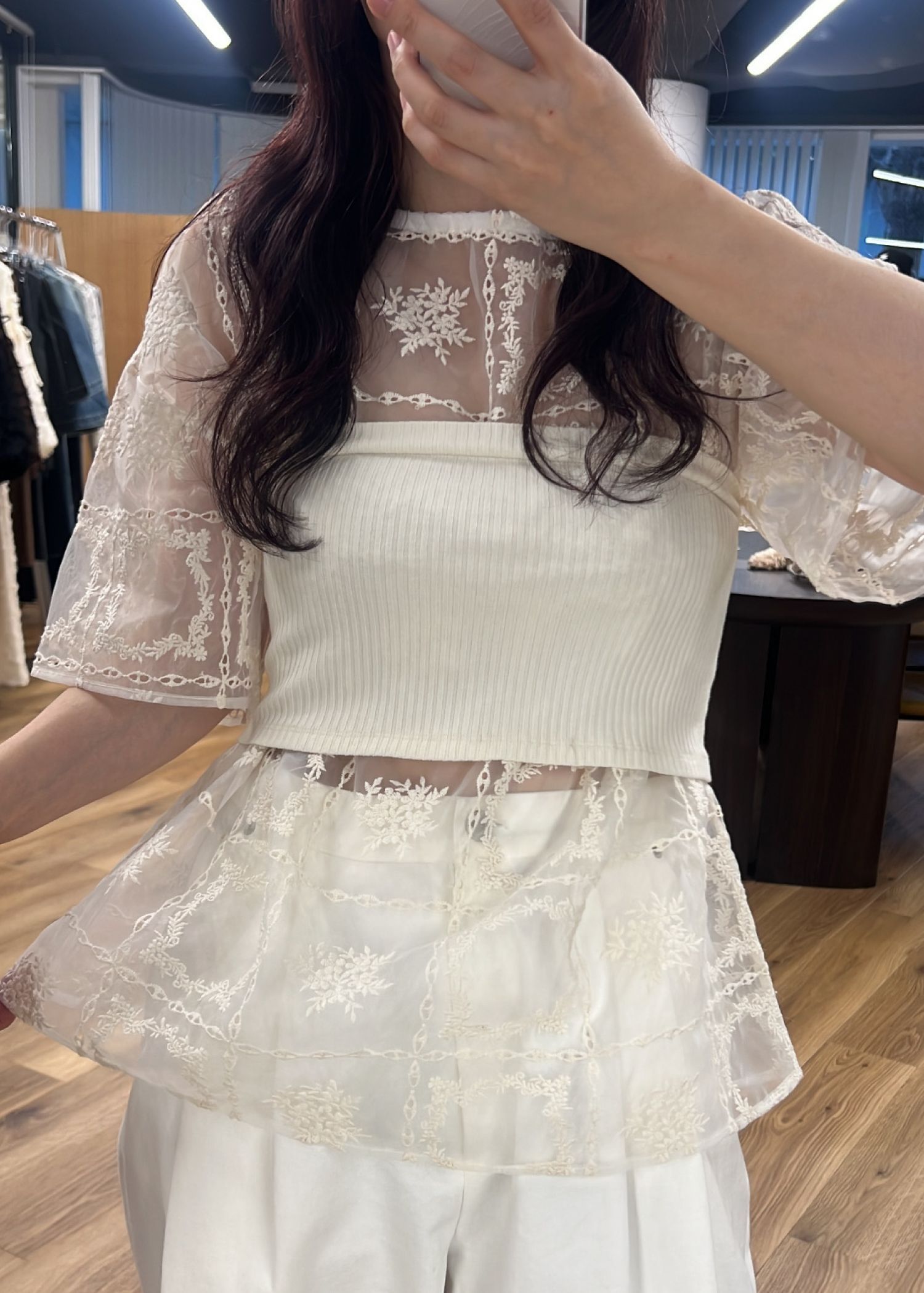 レースビッグTシャツ & リブトップス セット (Natural) square lace big tee & rib tops SET (ナチュラル) /  26SS