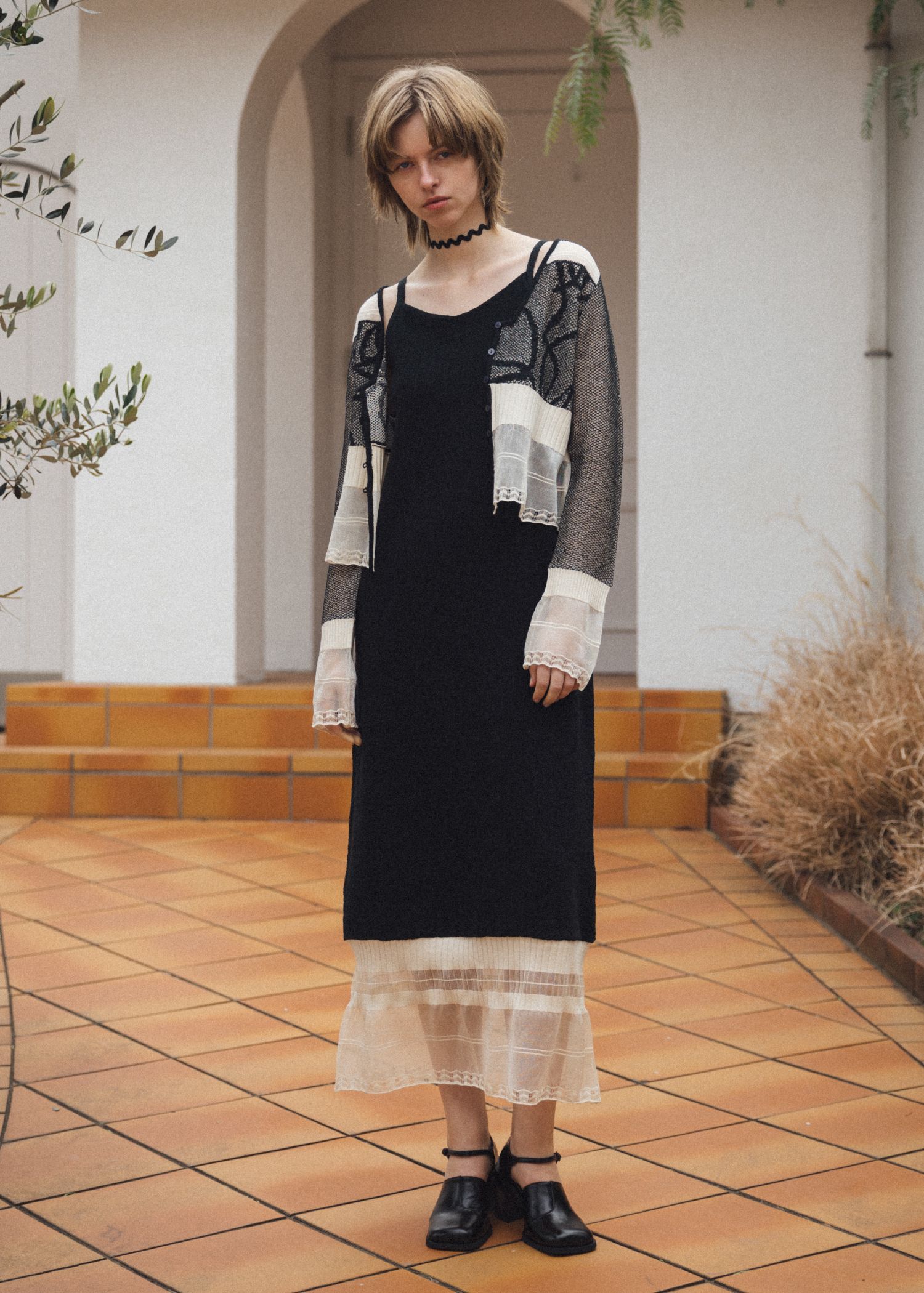 ジャガードパターン シアーカーディガン (ブラック) jacquard pattern sheer knit cardigan (Black) /  26SS