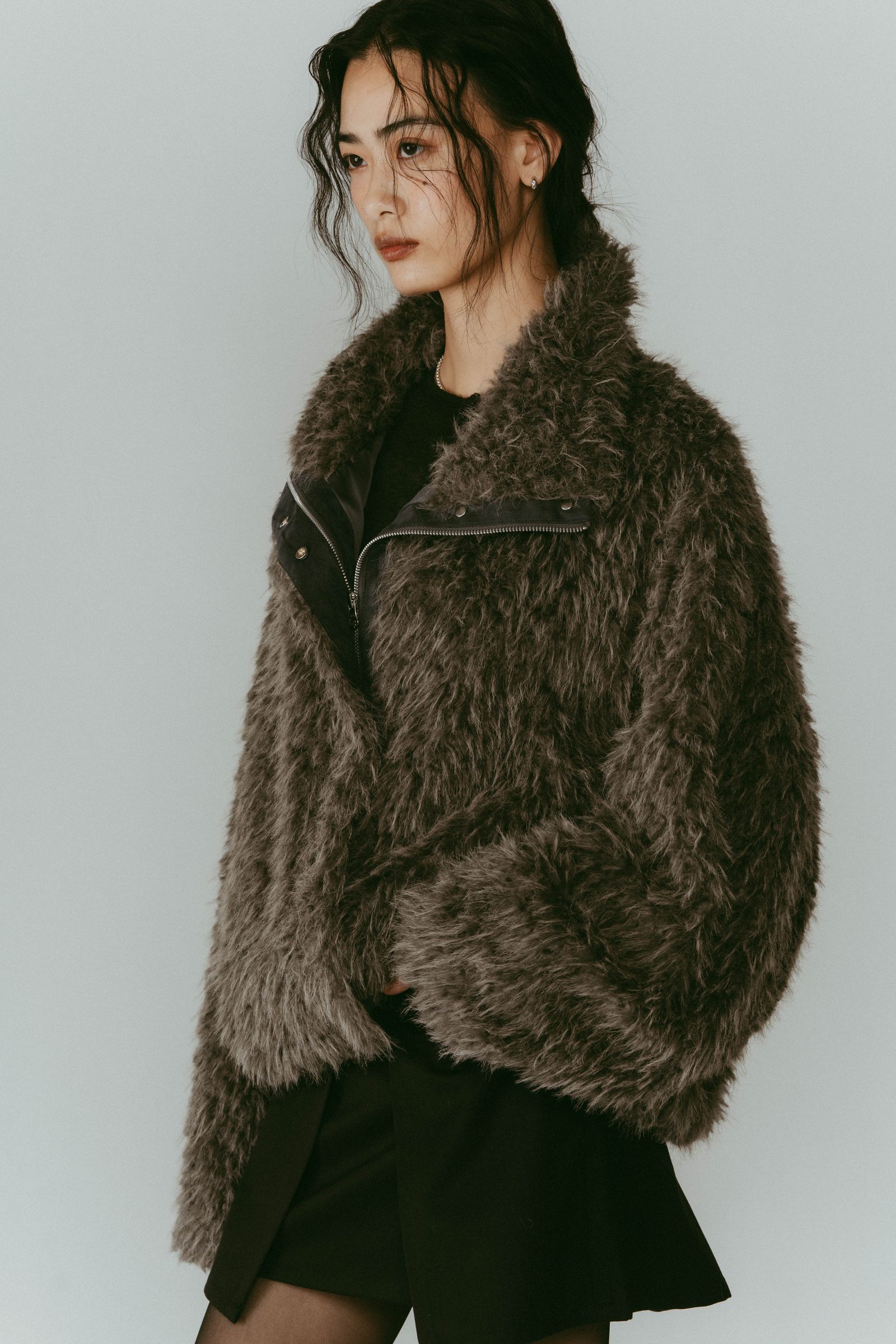 shaggy stand collar coat / シャギースタンドカラーコートブルゾン (グレー) / 25AW