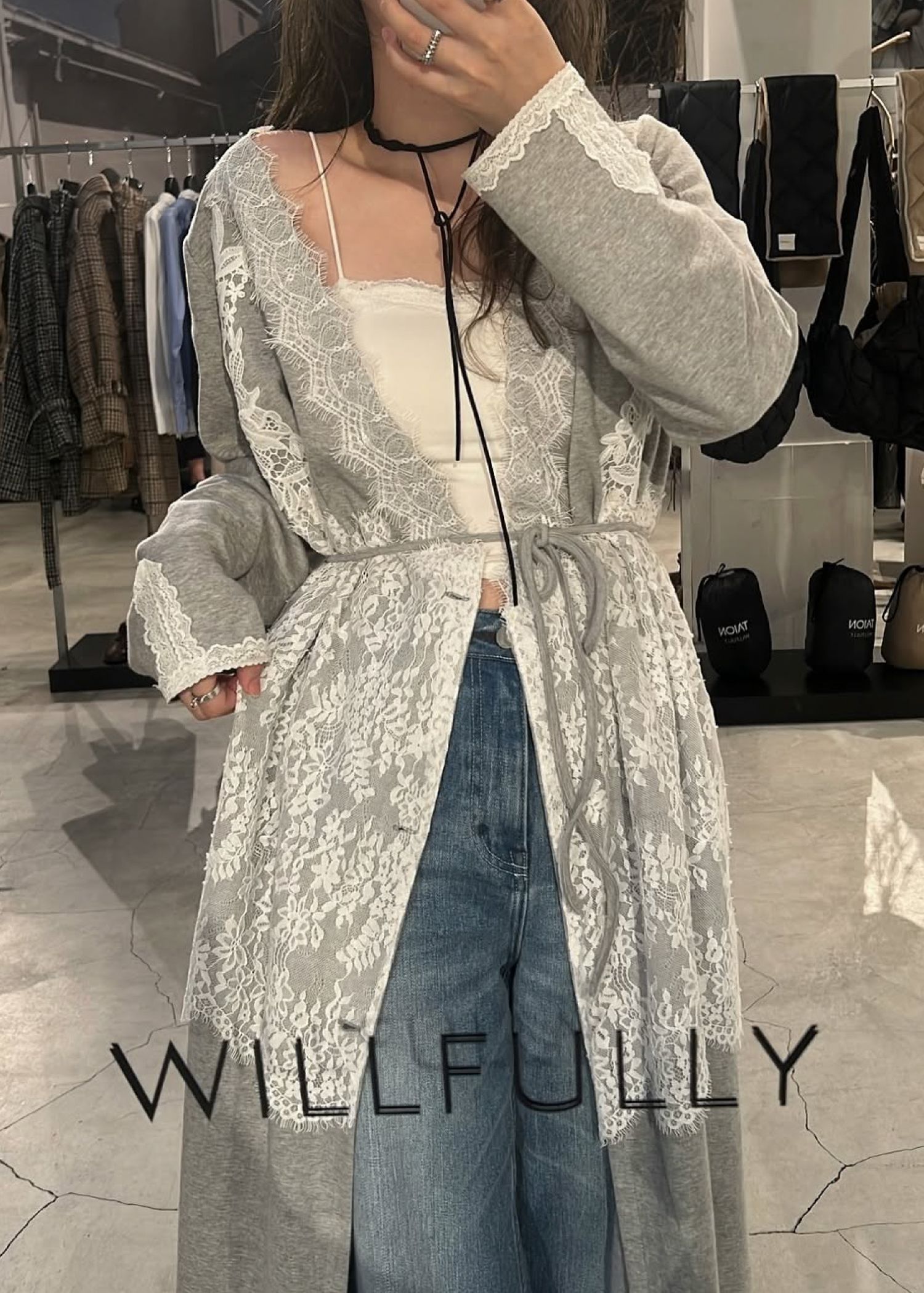 cachecoeur multi lace sweat OP / マルチレース スウェットワンピース (グレー) / 25AW