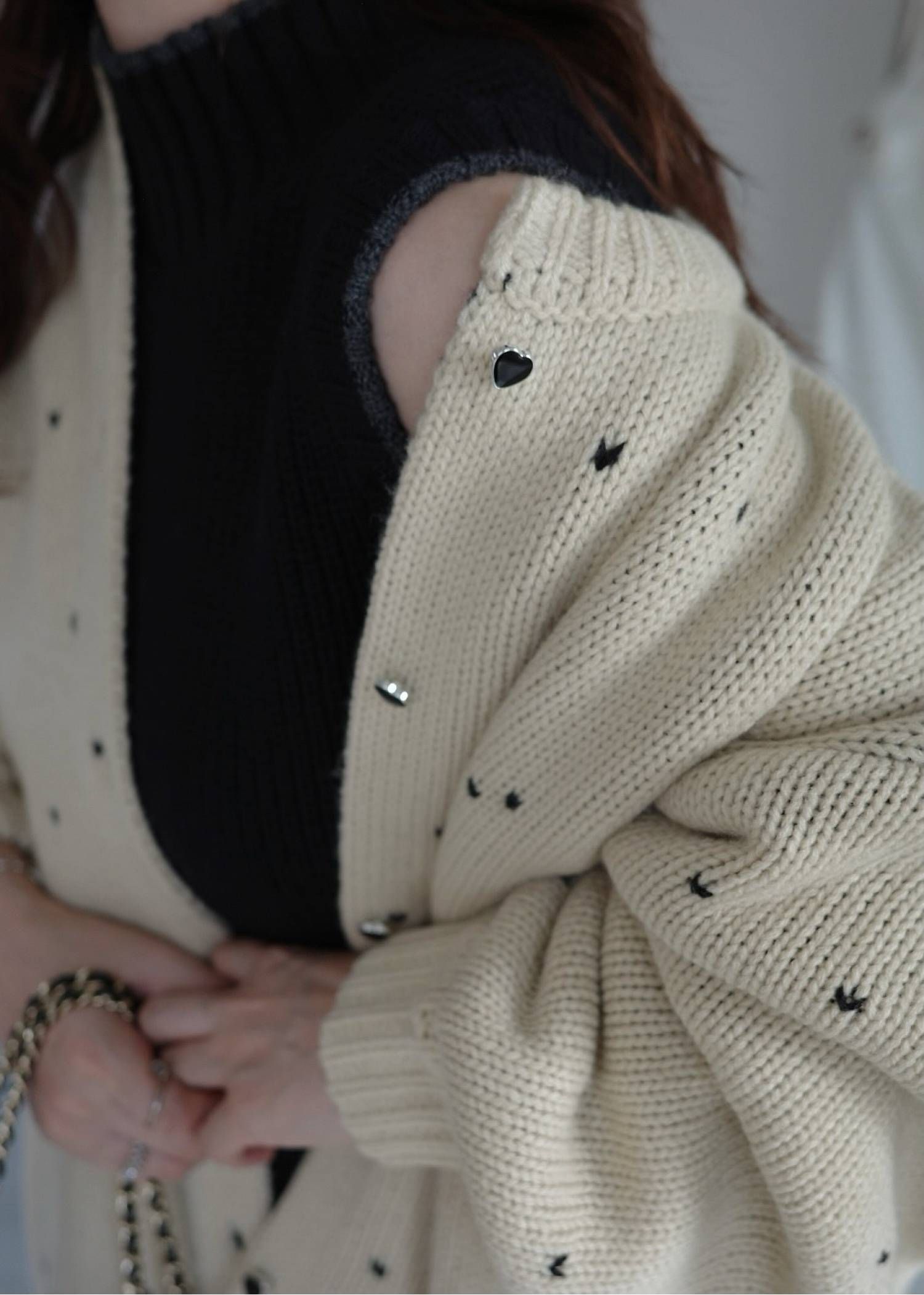 【ロング】ハートドット リバーシブルカーディガン (タン×ブラック) long heart dot jacquard reversible knit cardigan (tan×black) /  26SS