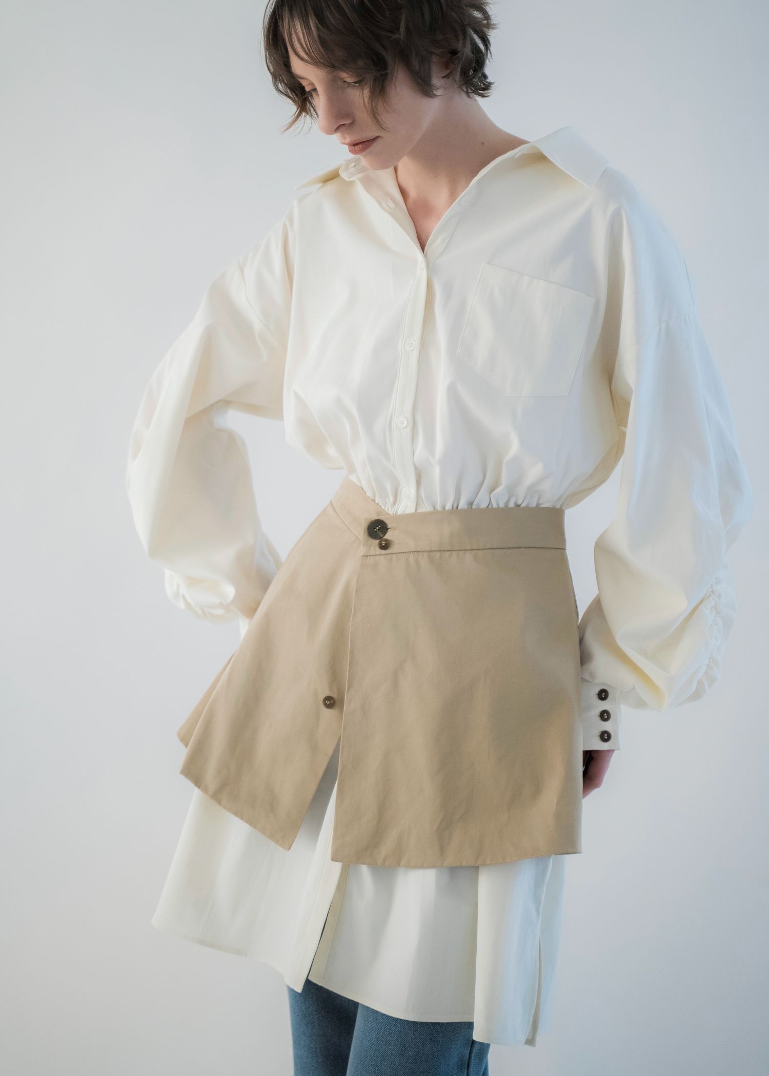 docking skirt layered like shirt OP / スカートレイヤード シャツワンピース (Tan) / 26SS
