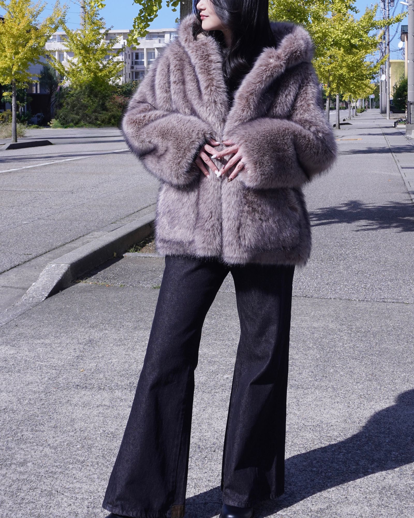 【25AW】Fox Like Fur Hoodie Coat / フォックスライクファー リバーシブルフーディコート (ベージュ) / エコファー / フェイクファー