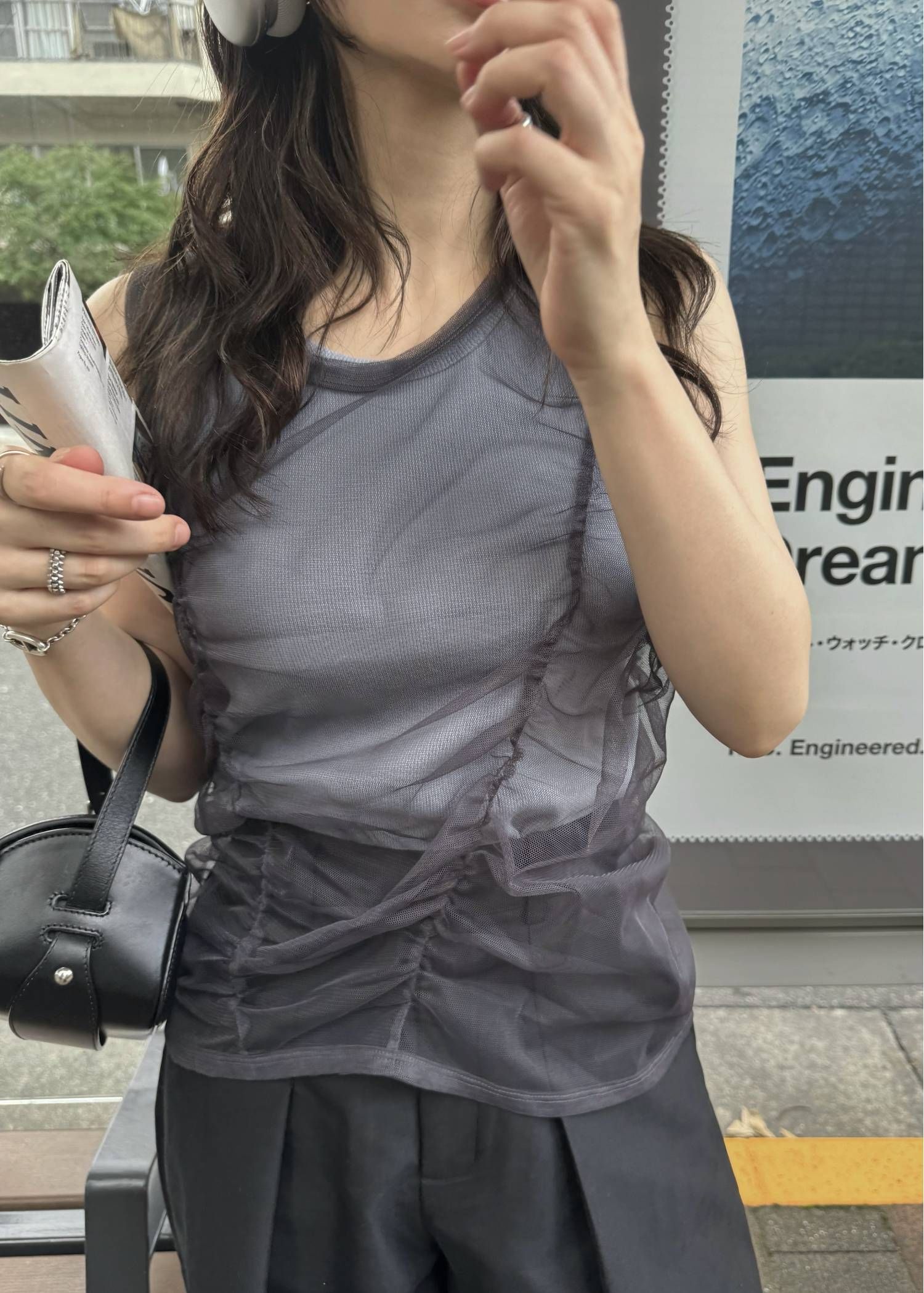 チュールリブタンク (スモーキーブルー) gather tulle layered rib tank (Smoky Blue) /  26SS