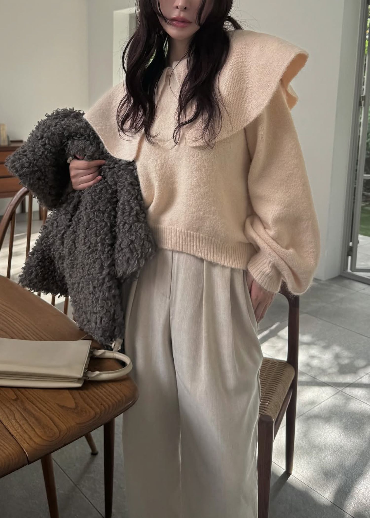 overlay big collar volume sleeve knit / ビッグカラー ボリュームスリーブニット (ベビーピンク) / 25AW /