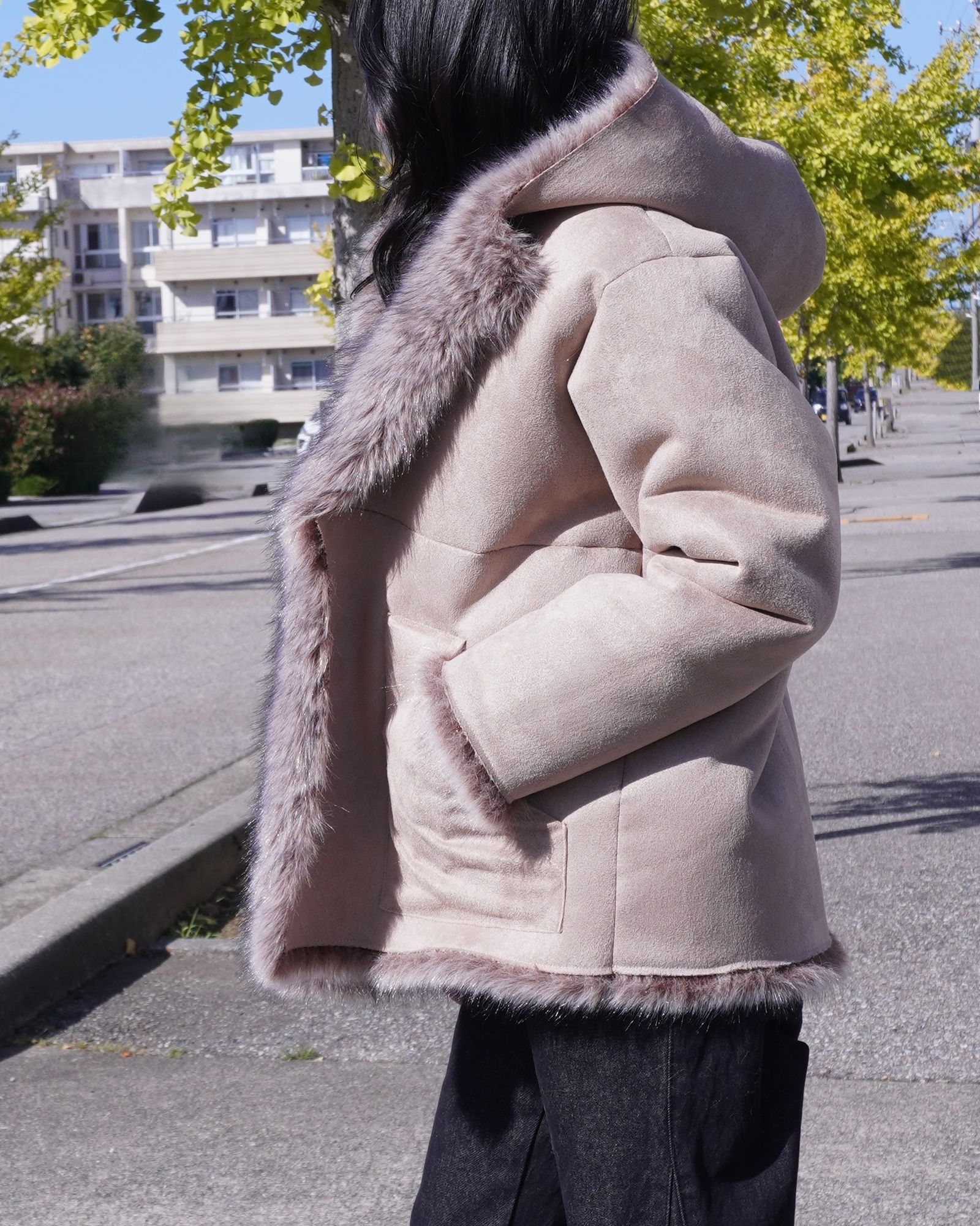 【25AW】Fox Like Fur Hoodie Coat / フォックスライクファー リバーシブルフーディコート (ベージュ) / エコファー / フェイクファー