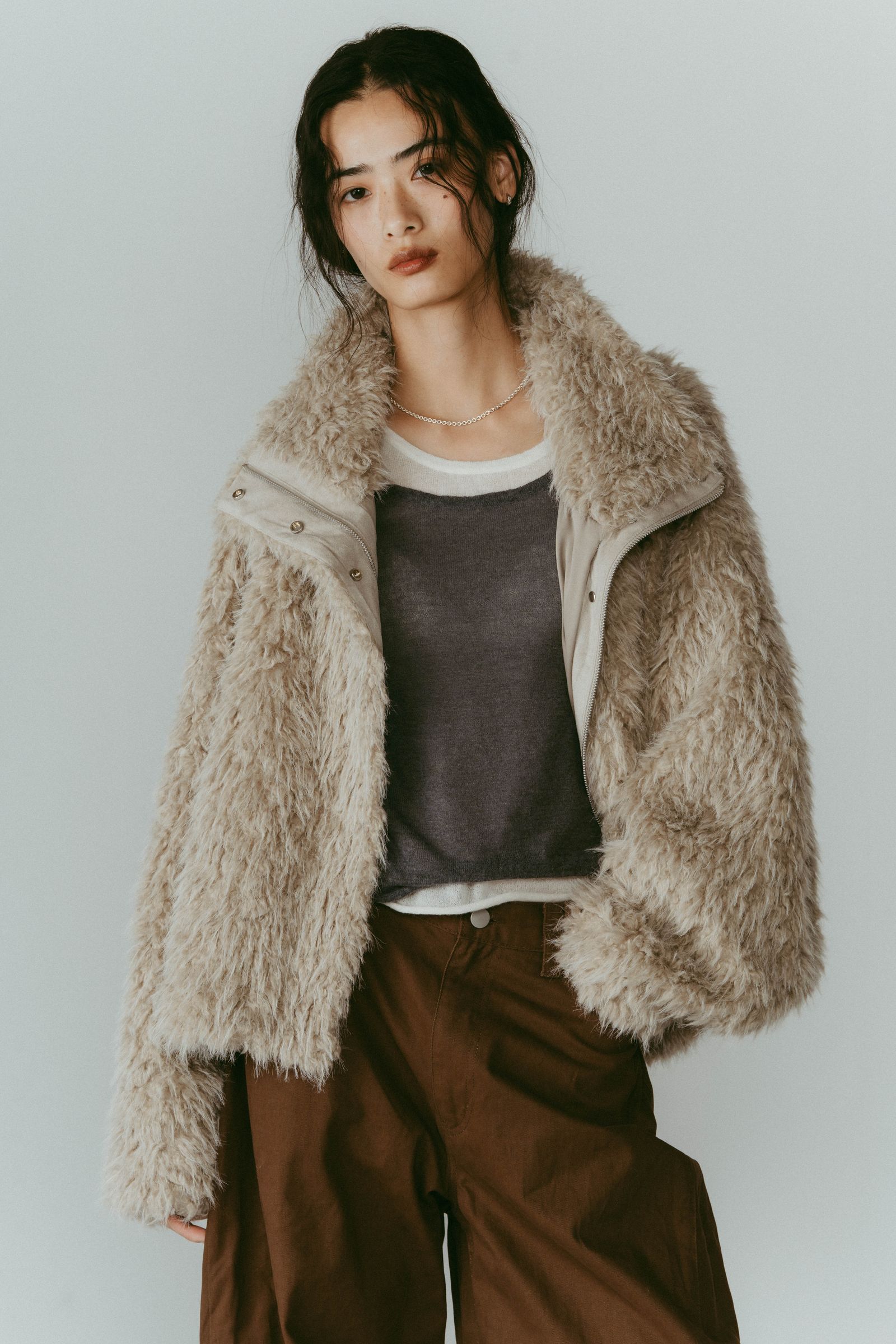 shaggy stand collar coat / シャギースタンドカラーコートブルゾン (アイボリー) / 25AW