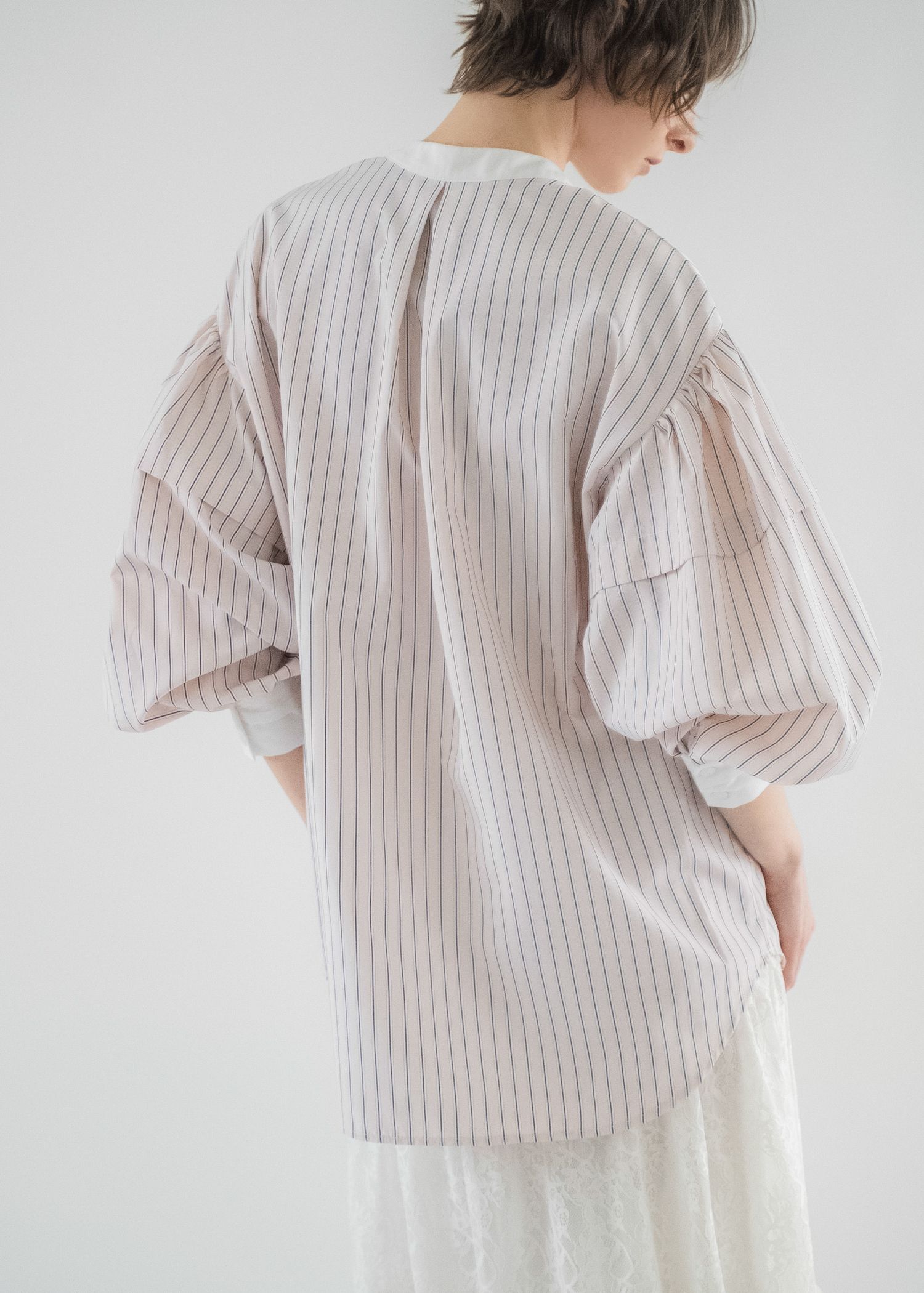 stripe balloon sleeve cleric BL / ストライプ バルーンスリーブ ブラウス (Baby pink) / 26SS
