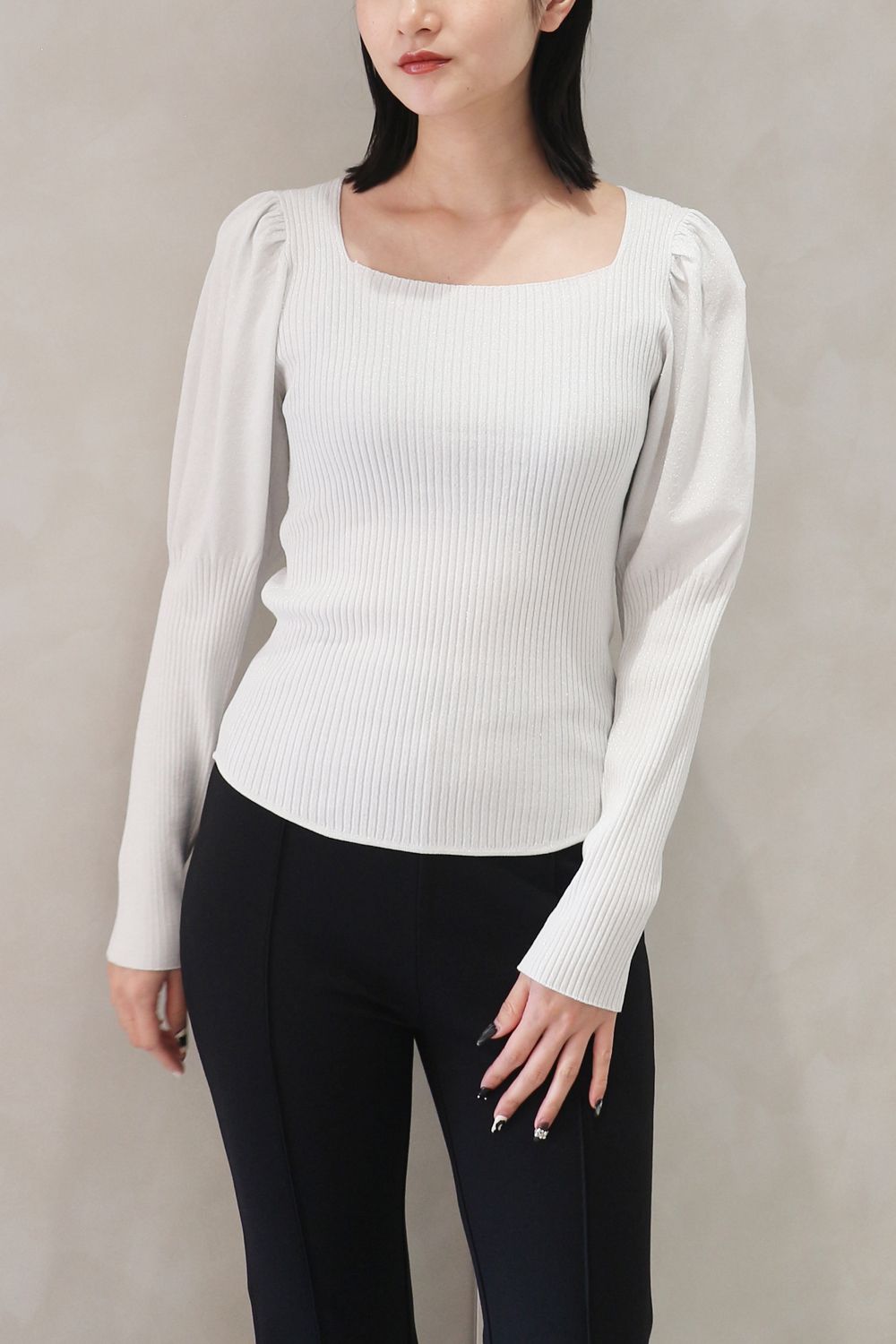 GLITTER KNIT VOLUME SLEEVE TOPS / ラメニットボリュームスリーブリブトップス (ライトグレー)