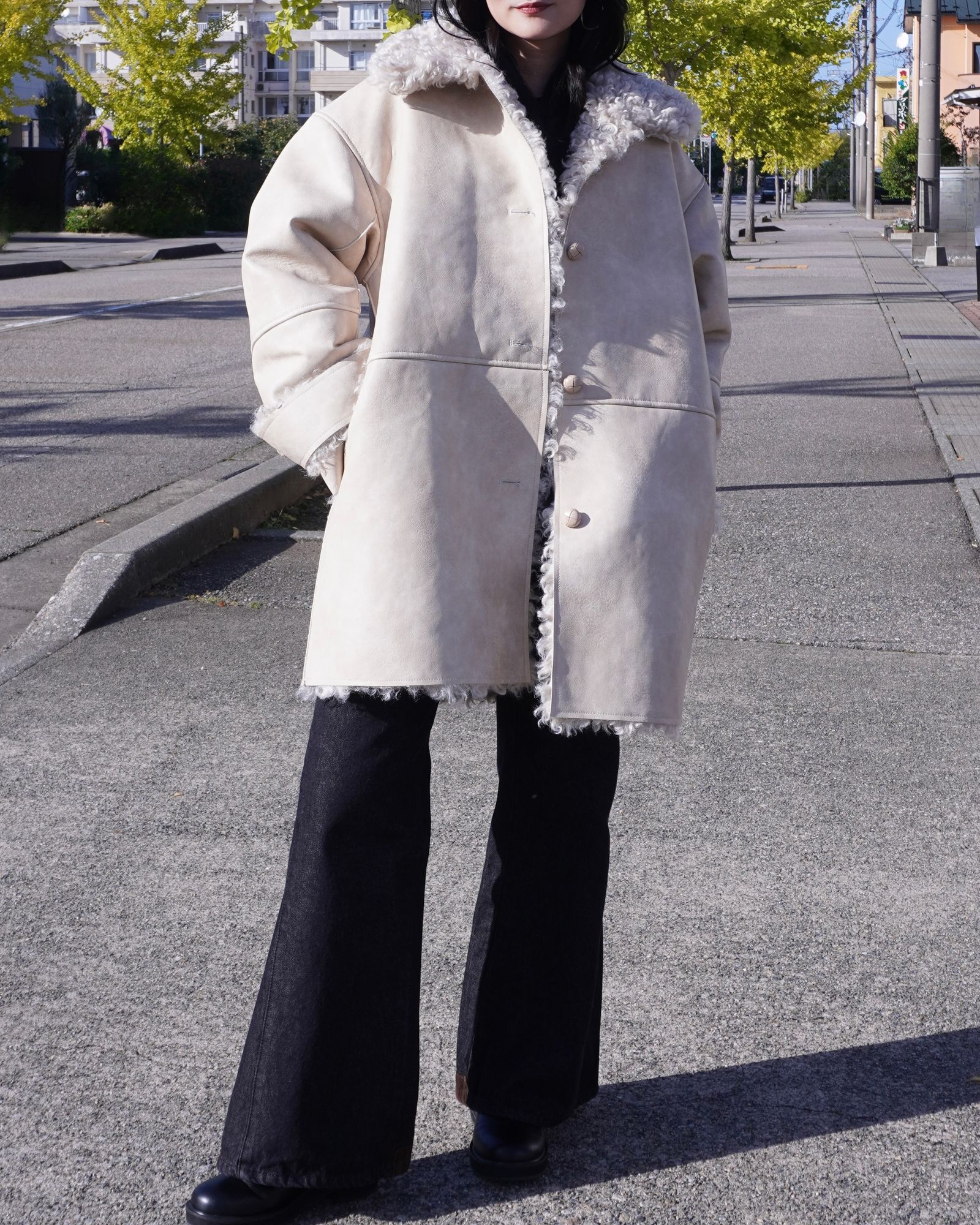 【25AW】Vintage Like Fake Mouton Reversible Coat (クリーム) / ヴィンテージライクムートン リバーシブルファーコート / エコファー / フェイクファー
