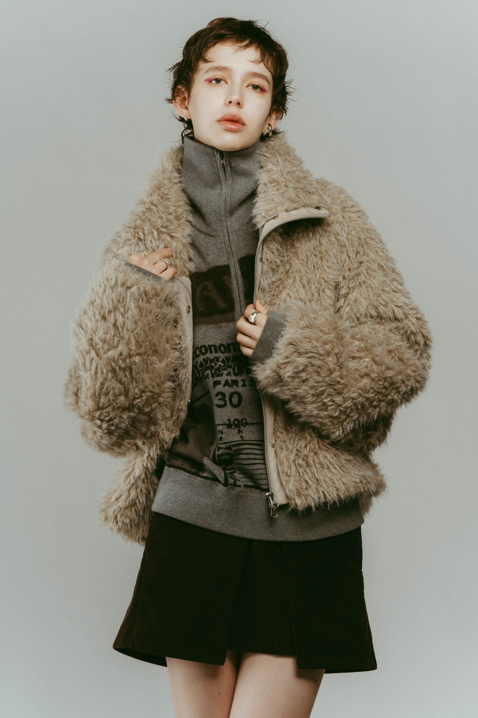 shaggy stand collar coat / シャギースタンドカラーコートブルゾン (アイボリー) / 25AW