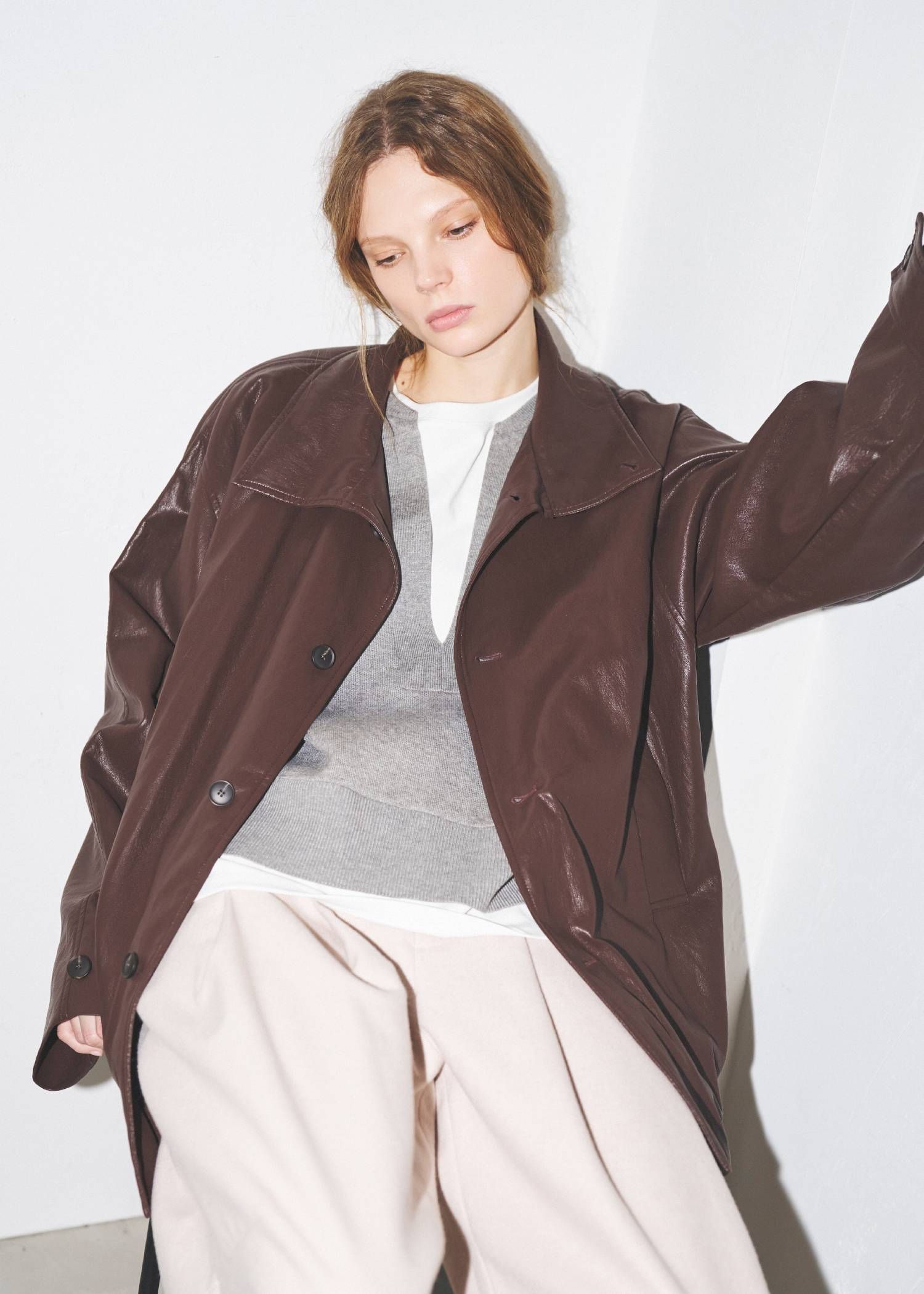 スタンドカラー レザージャケット (バーガンディ) stand collar over size synthetic leather JK (Burgundy) /  26AW