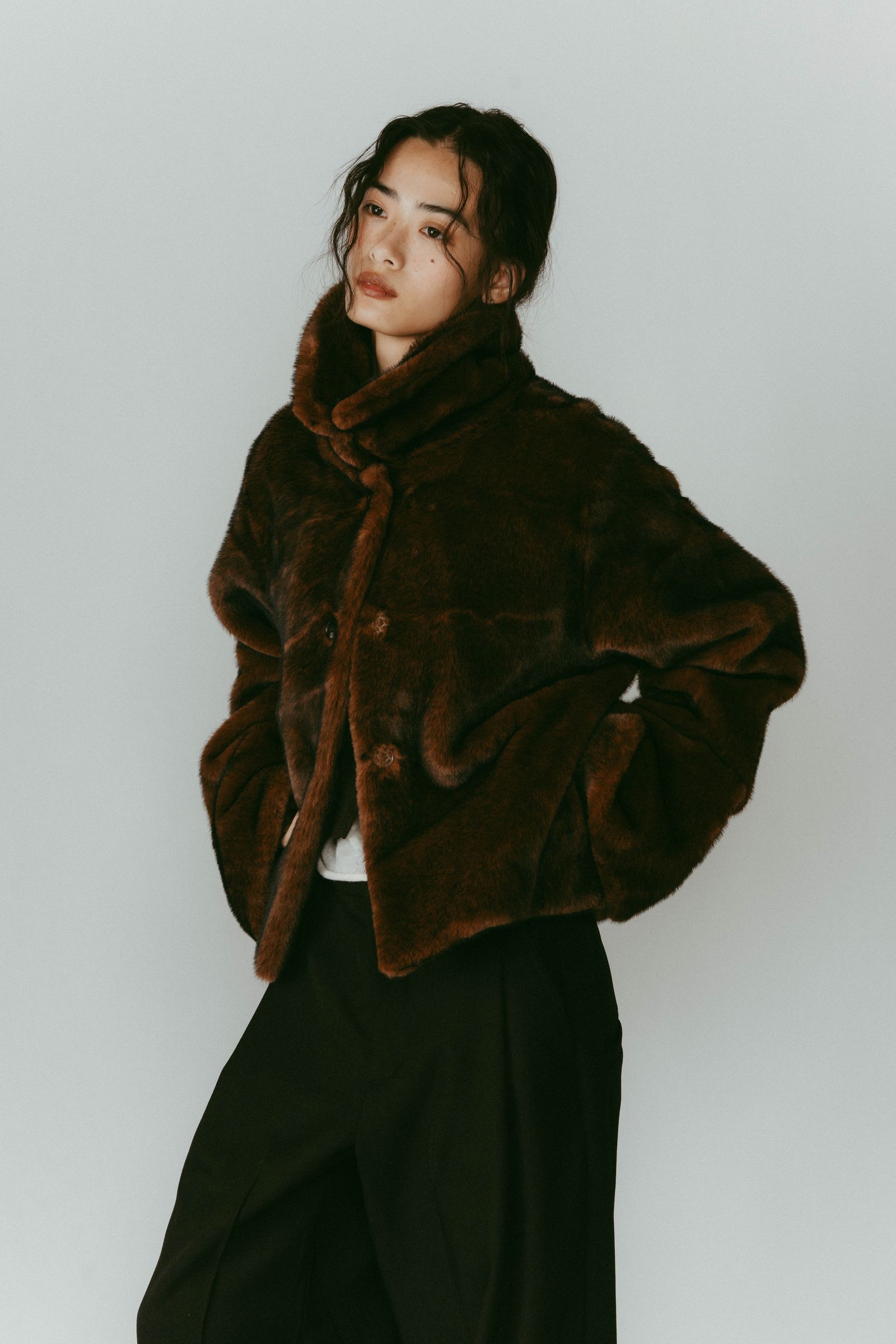 point collar fur coat / ポイントカラー ファーコートジャケット (ブラウン) / 25AW
