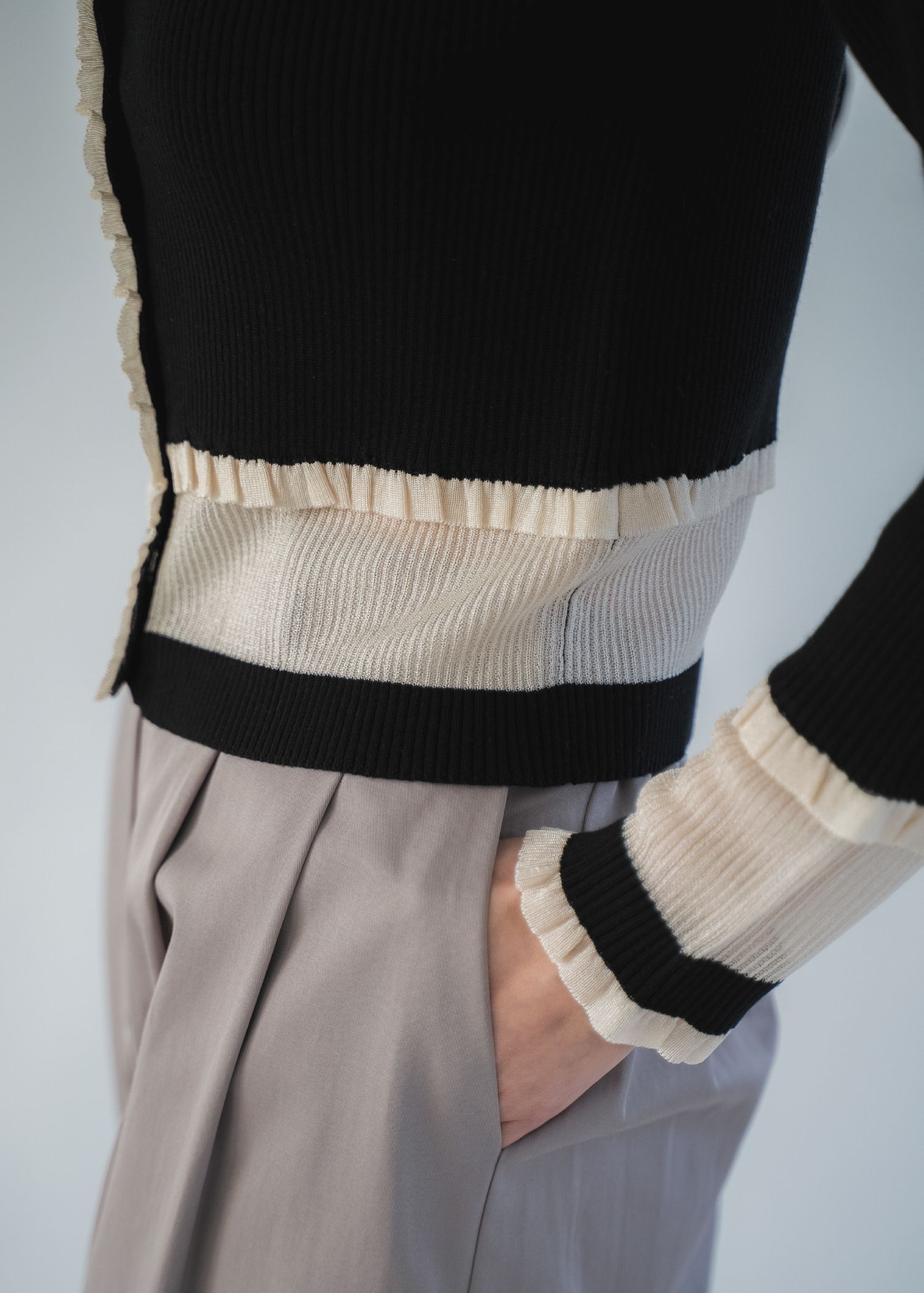 partial sheer frill knit cardigan / シアーフリル ニットカーディガン (Black) / 26SS