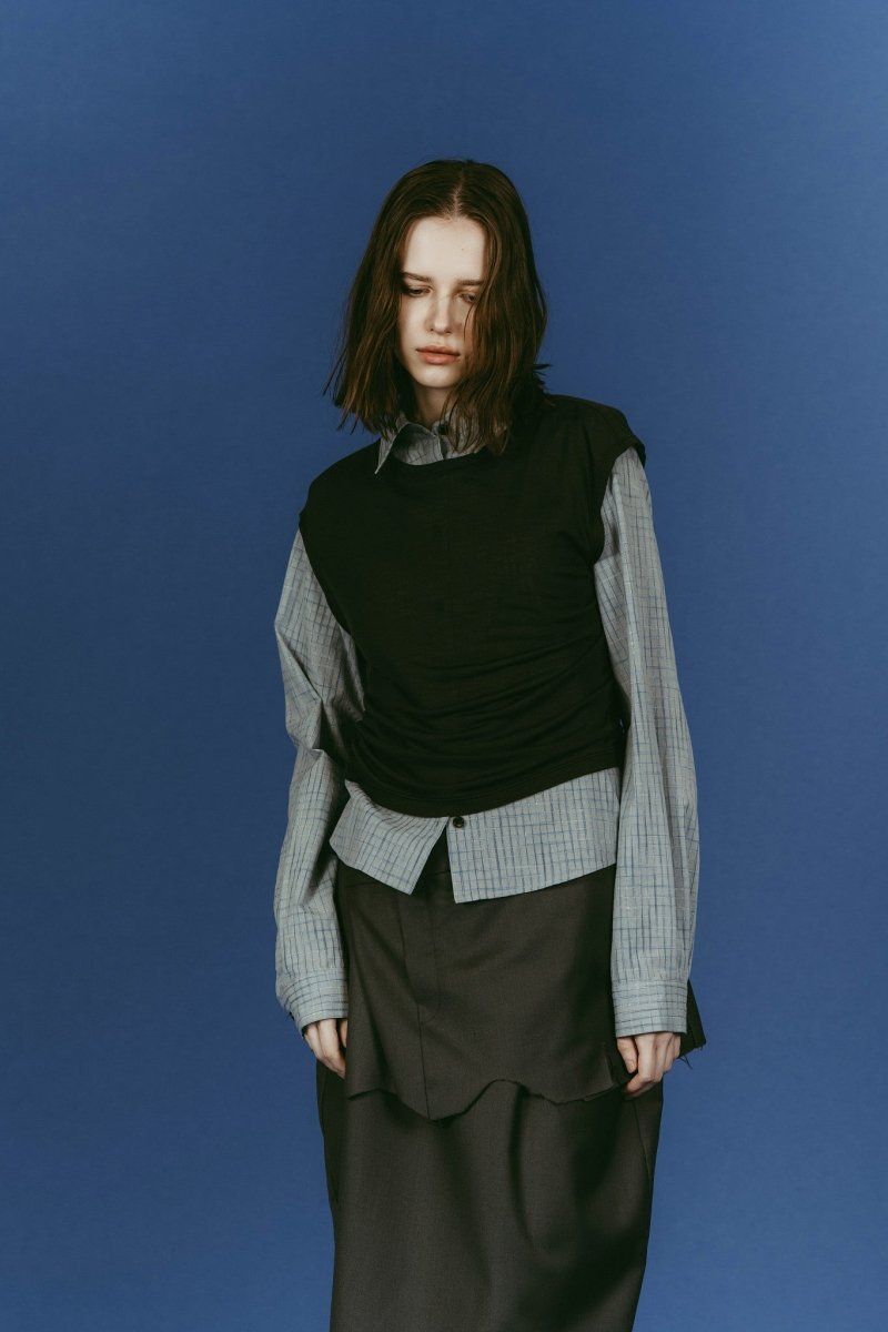 2-piece layered compact shirt (BlueChacoal) / 2ピース レイヤードコンパクトシャツ (ブルーチャコール) / 26SS