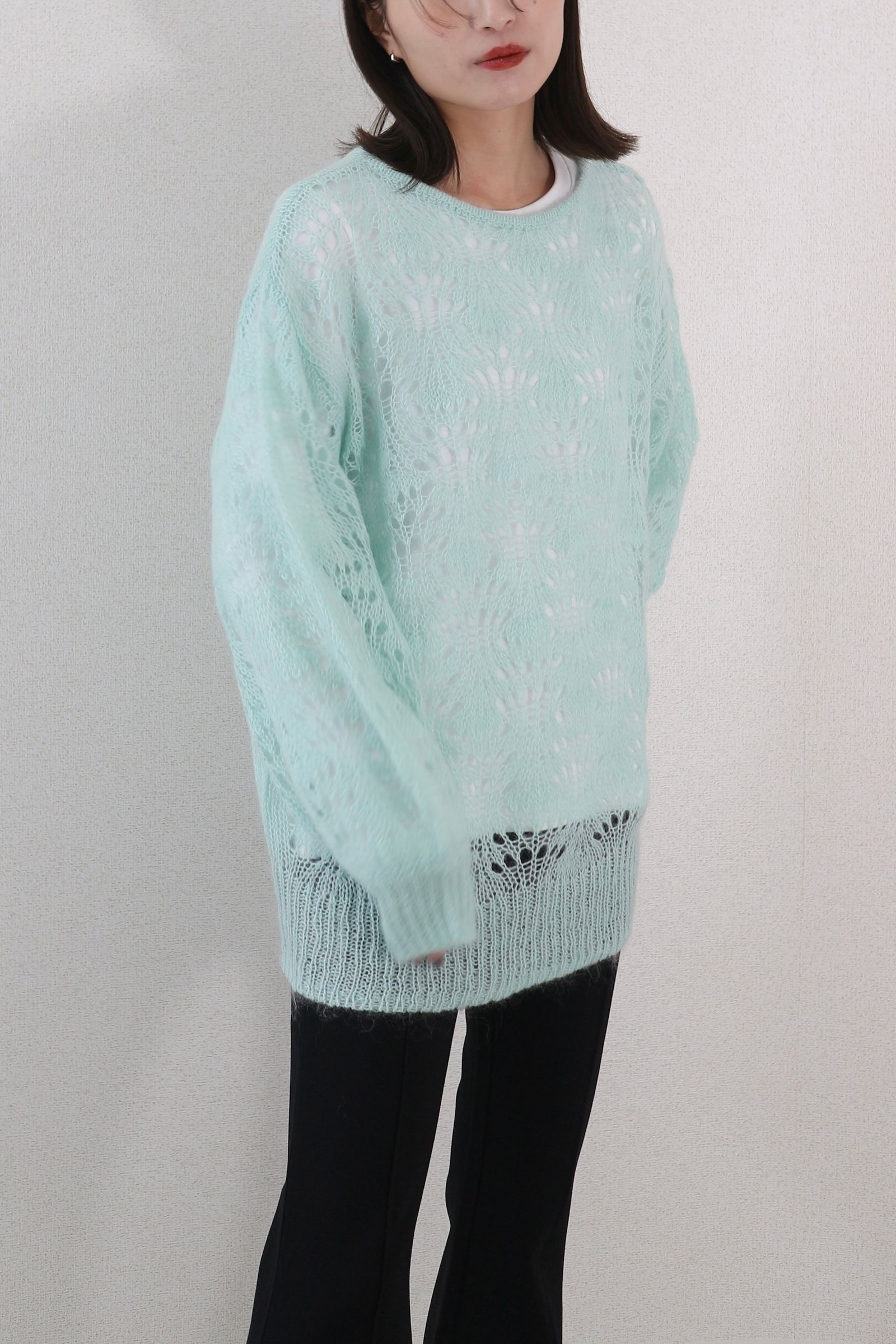 MOHAIR WOOL CROCHET KNIT PULLOVER / モヘアウールクロシェニットプルオーバー (ミント)オーバーサイズ