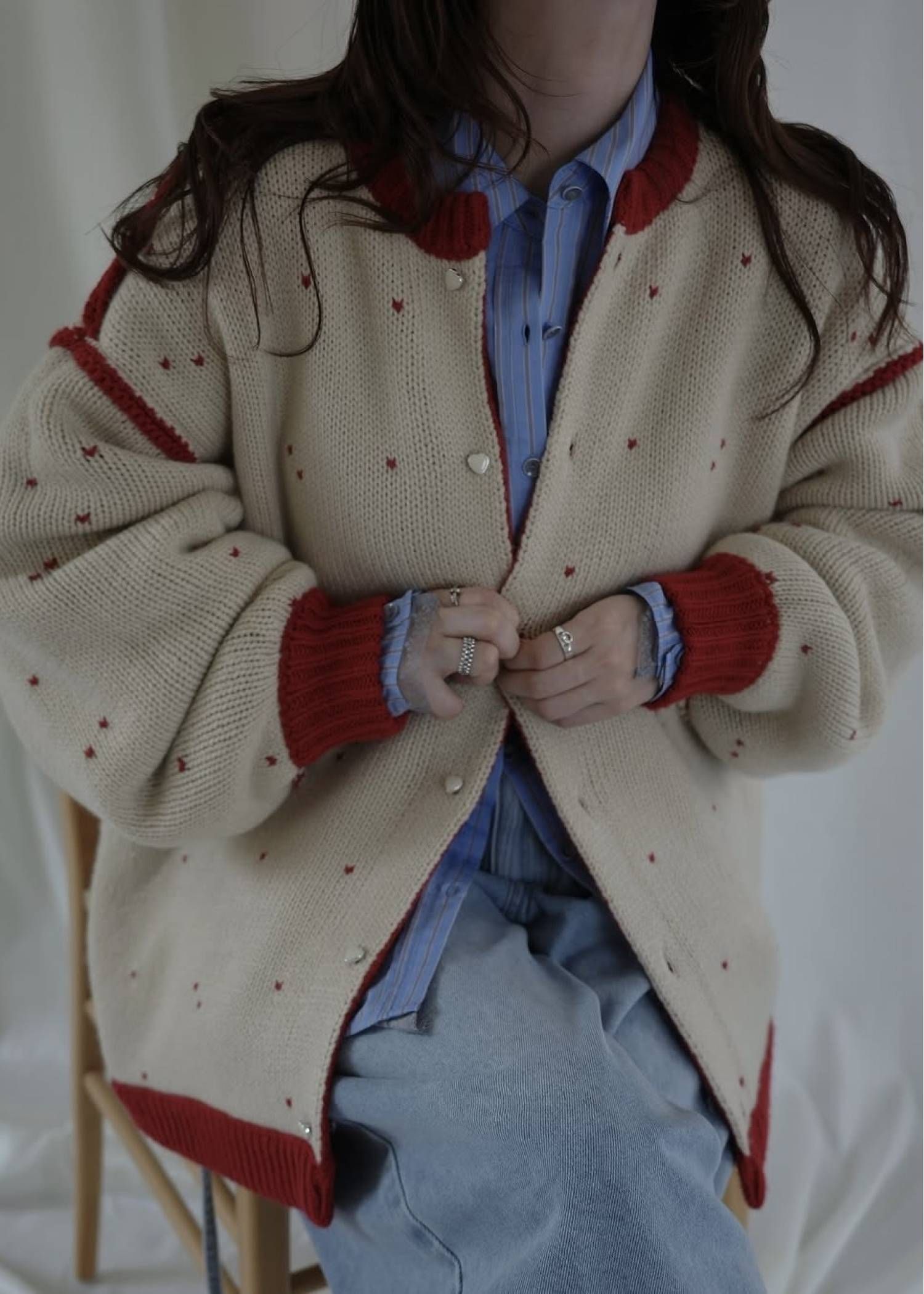 【ロング】ハートドット リバーシブルカーディガン (レッド×タン) long heart dot jacquard reversible knit cardigan (red×tan) /  26SS