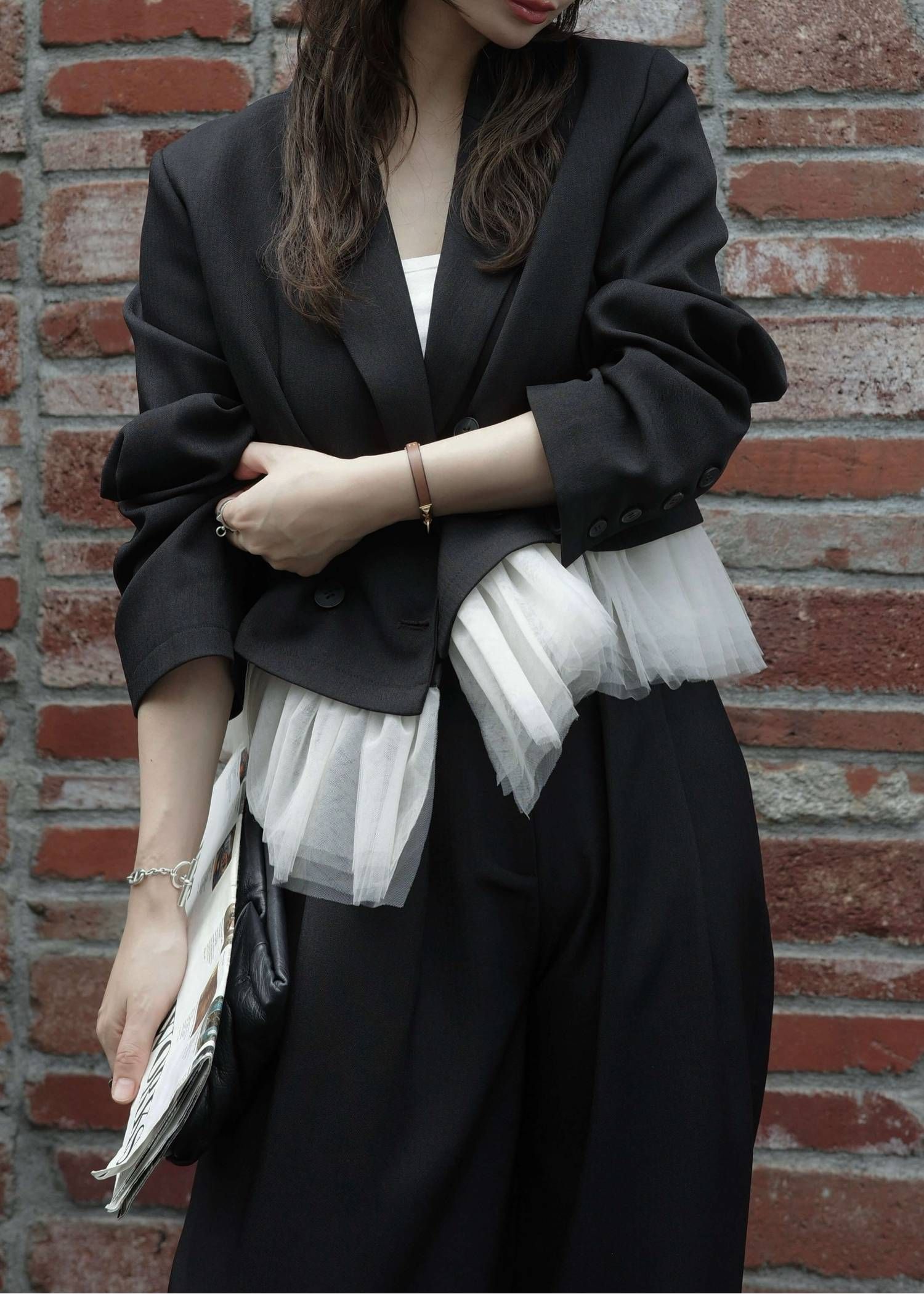 ペプラム チュール クロップド テーラードジャケット (ブラック) detachable peplum tulle cropped tailored JK (Black) /  26AW