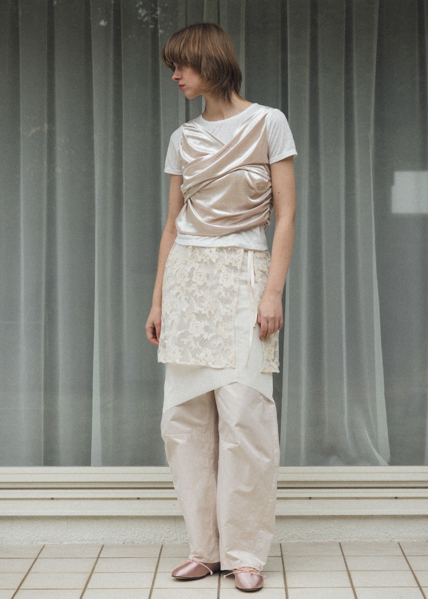 ベロア ドレープ Tシャツ (アイボリー) cache coeur mix slub velour tops (Ivory) /  26SS