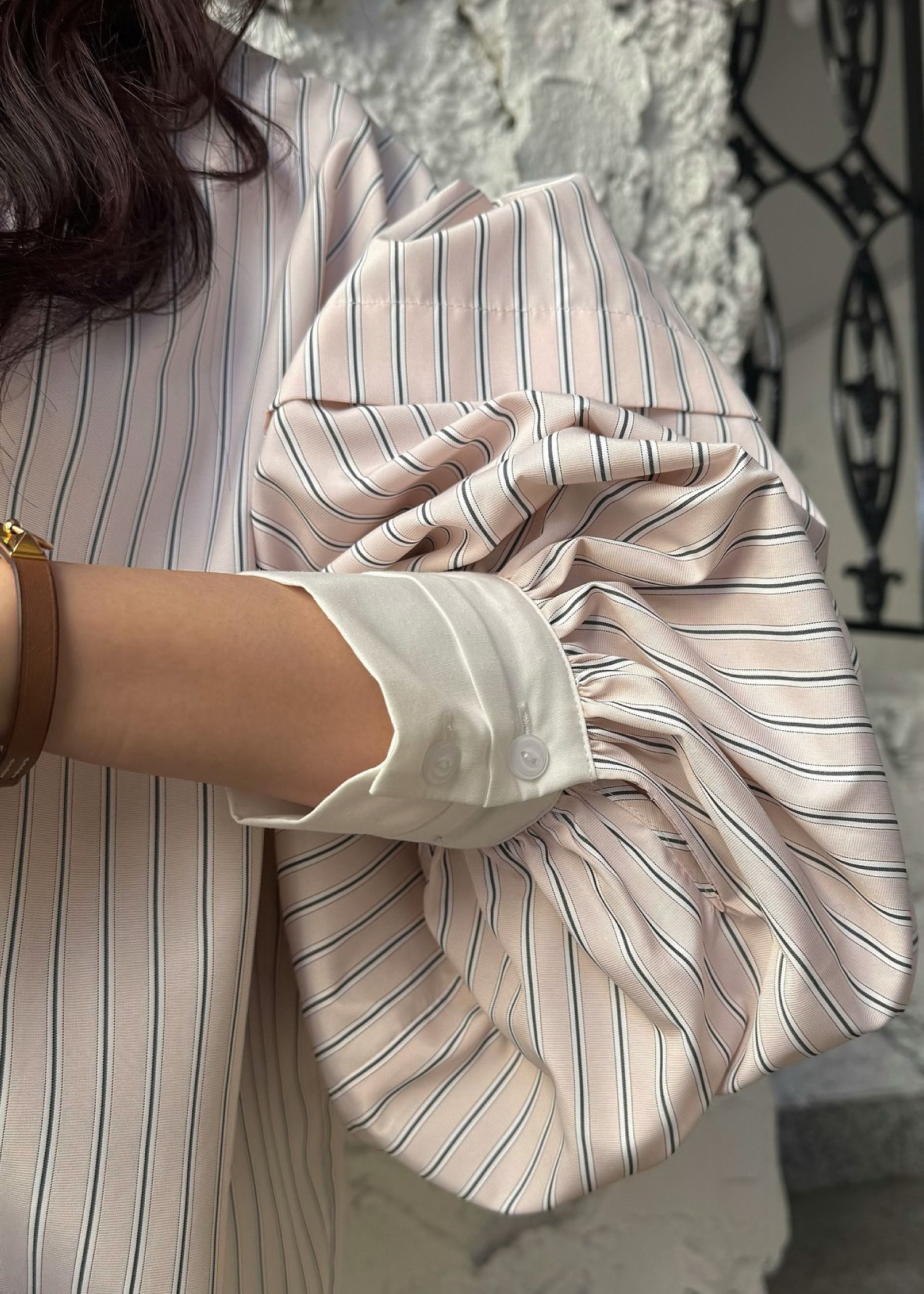 stripe balloon sleeve cleric BL / ストライプ バルーンスリーブ ブラウス (Baby pink) / 26SS