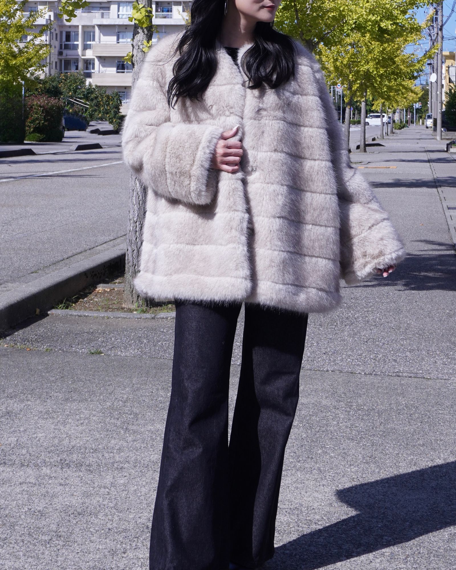 【25AW】Border Fur Coat (グレージュ) / ボーダーファーコート / エコファー / フェイクファー