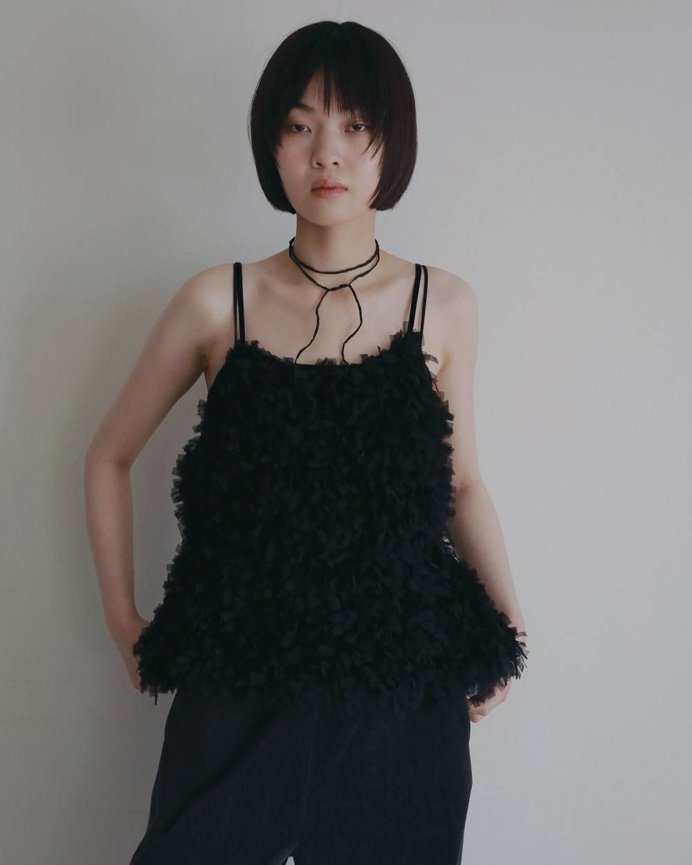 チュールフリンジ キャミソール (ブラック) Tulle Fringe Camisole (Black) /  26AW