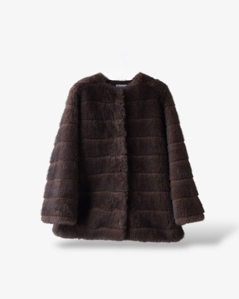 【25AW】Border Fur Coat (ブラウン) / ボーダーファーコート / エコファー / フェイクファー