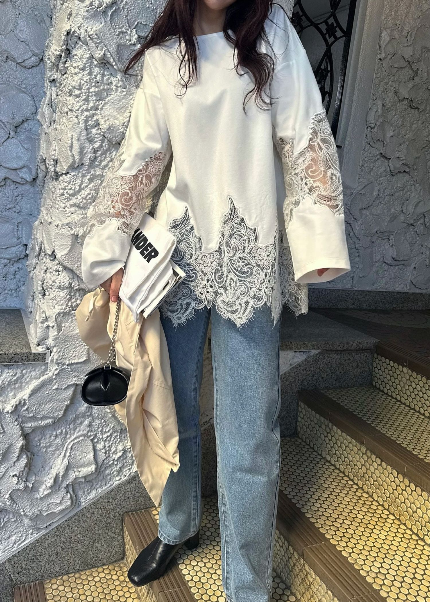 scallop lace sheer panel cut & sewn tops / シアーレース カットソートップス (Ivory) / 26SS