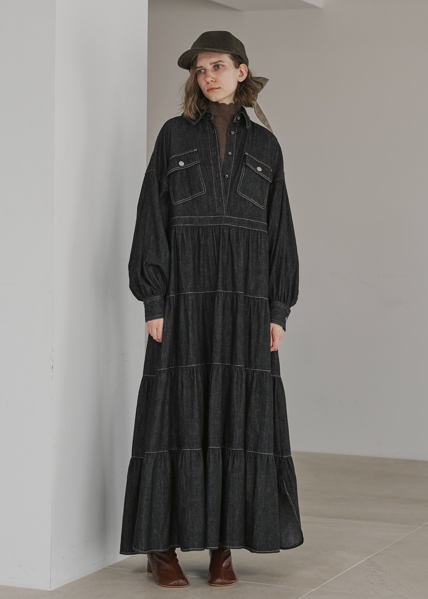 【Healthy DENIM × WILLFULLY】"Aphrodite" tiered denim shirt OP / ヘルシーデニムコラボ デニムシャツワンピース (ブラック) / 25AW /