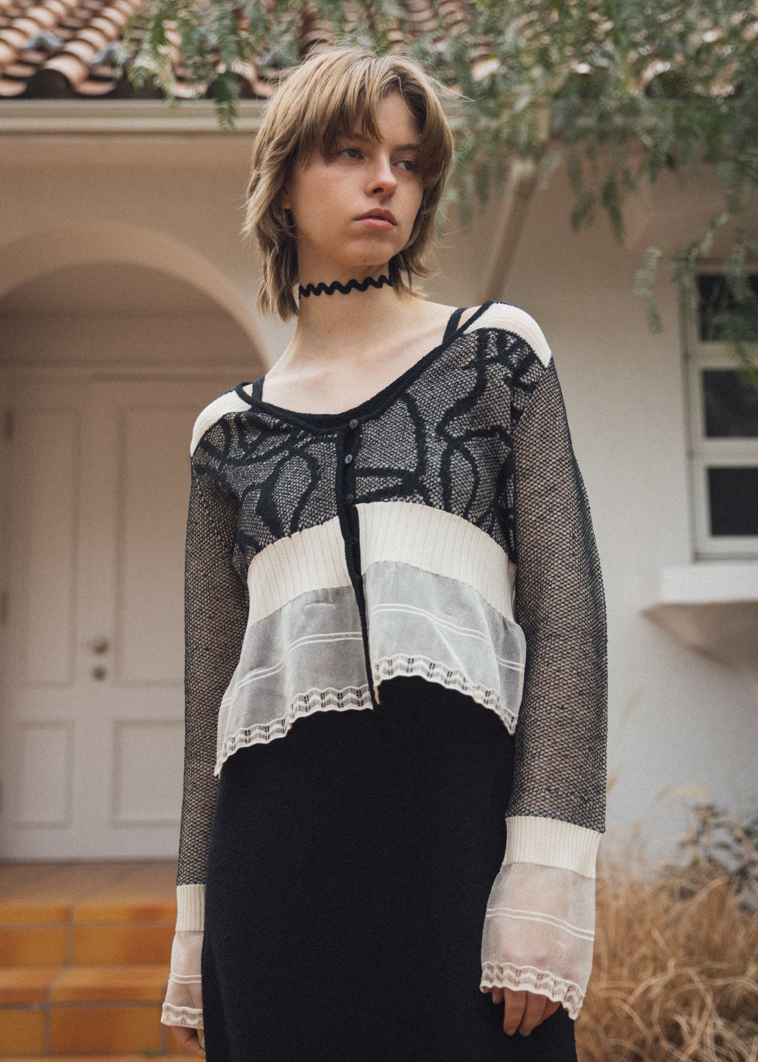 ジャガードパターン シアーカーディガン (ブラック) jacquard pattern sheer knit cardigan (Black) /  26SS