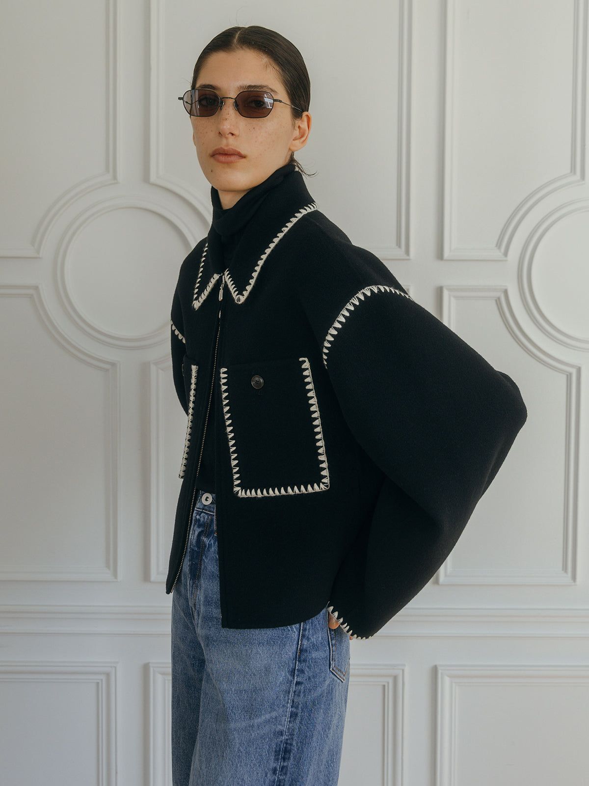 【25AW】WOOL EMBROIDERY SHORT ZIP JACKET / ウールエンブロイダリー  (ブラック)
