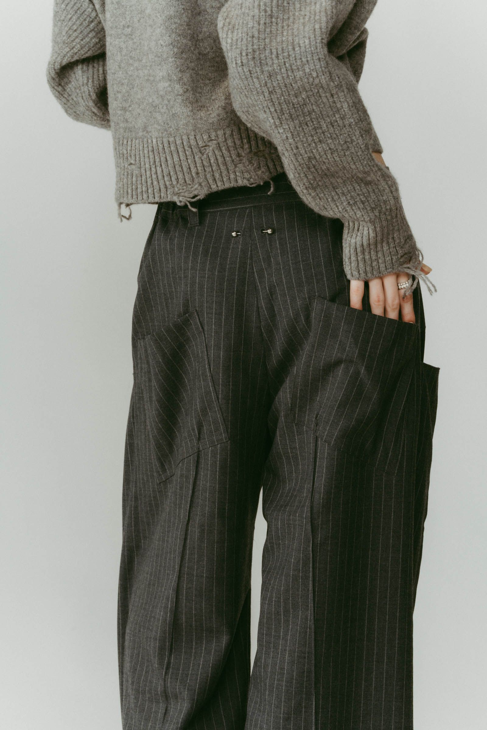 pierced drape pants(unisex) / ピアス ドレープ パンツ (ストライプグレー) / 25AW