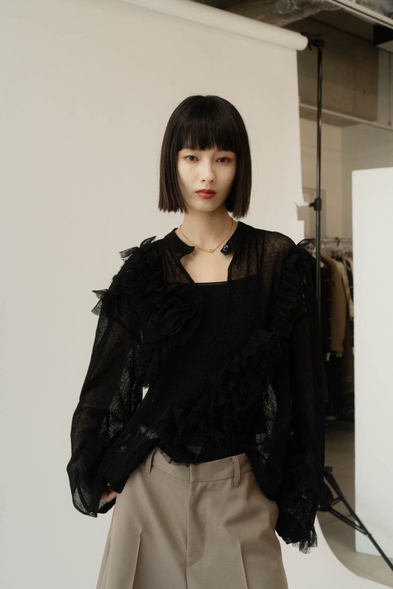 チュールデザインブラウス (ブラック) tulle design blouse (Black)