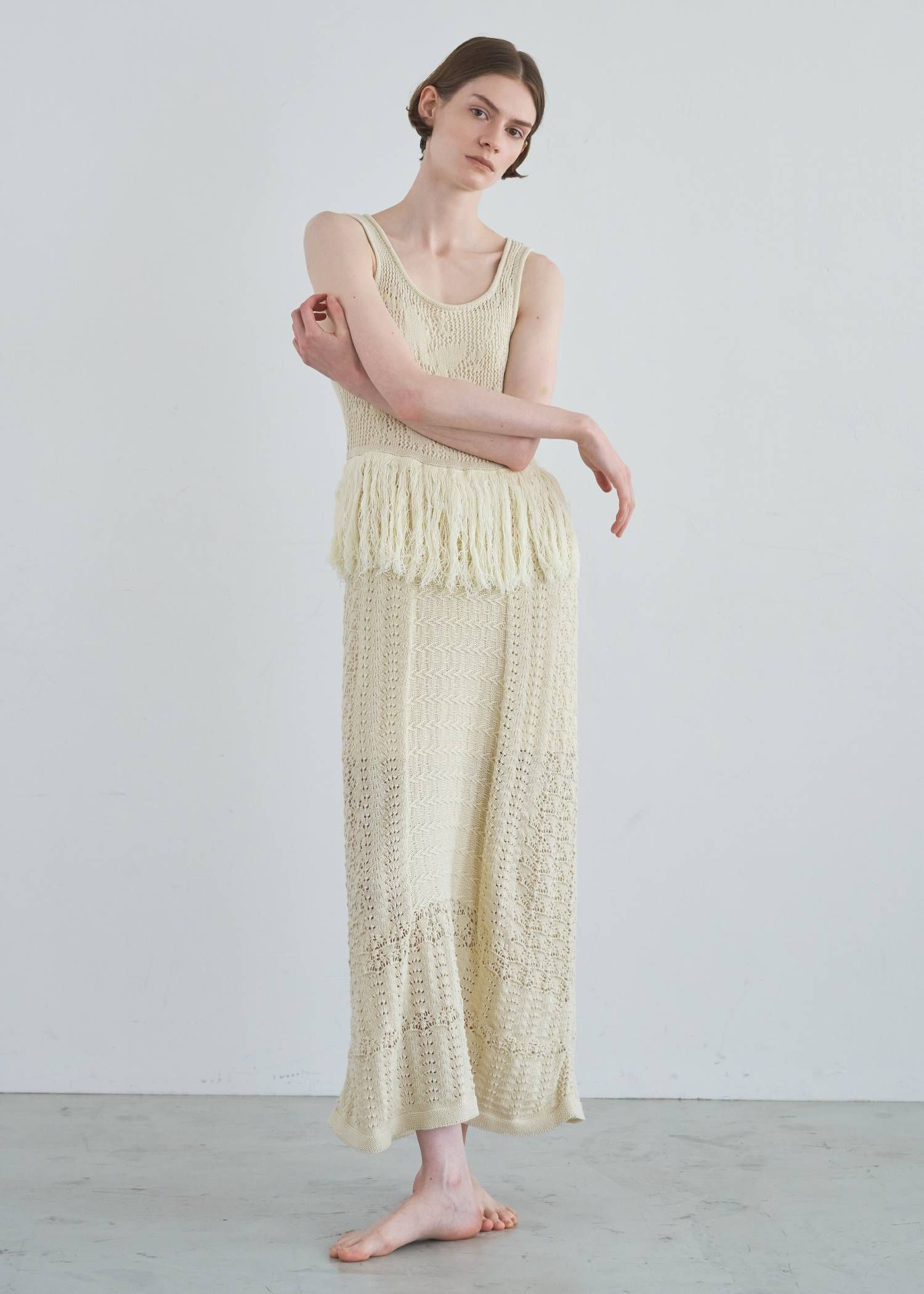 マルチパターン ニットワンピース (ナチュラル) multi pattern jacquard fringe knit OP (Natura) /  26SS