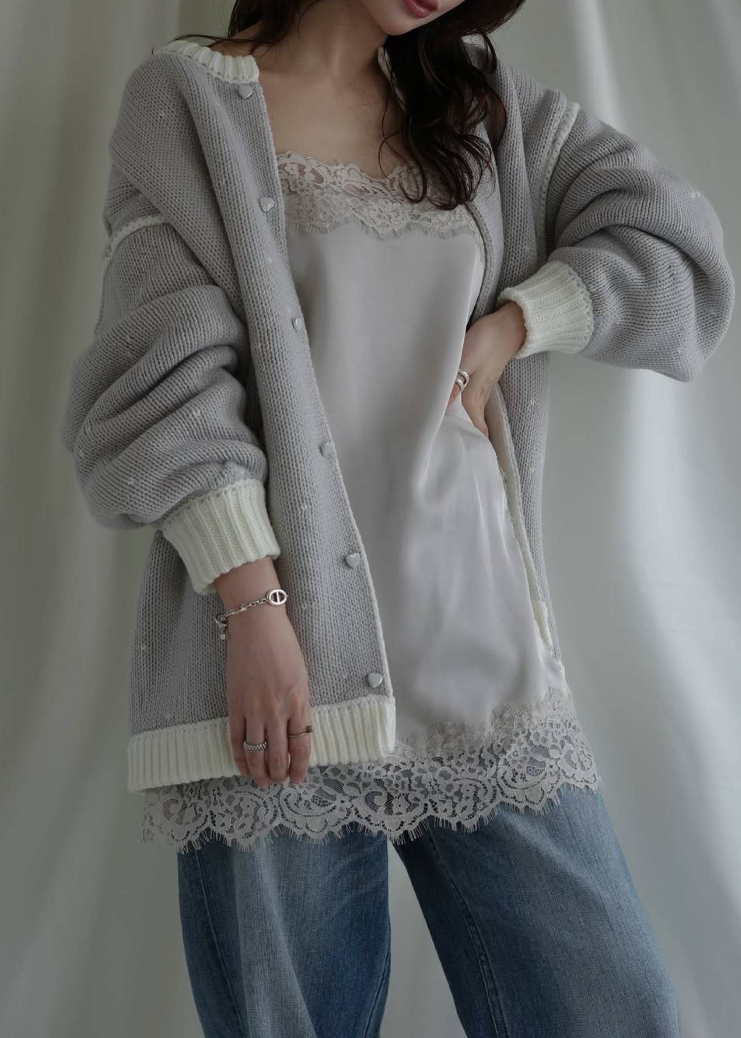 【ロング】ハートドット リバーシブルカーディガン (アイボリー×アイス) long heart dot jacquard reversible knit cardigan (ivory×ice) /  26SS