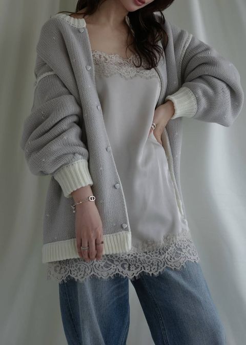 【ロング】ハートドット リバーシブルカーディガン (アイボリー×アイス) long heart dot jacquard reversible knit cardigan (ivory×ice) /  26SS