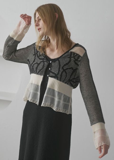 ジャガードパターン シアーカーディガン (ブラック) jacquard pattern sheer knit cardigan (Black) /  26SS