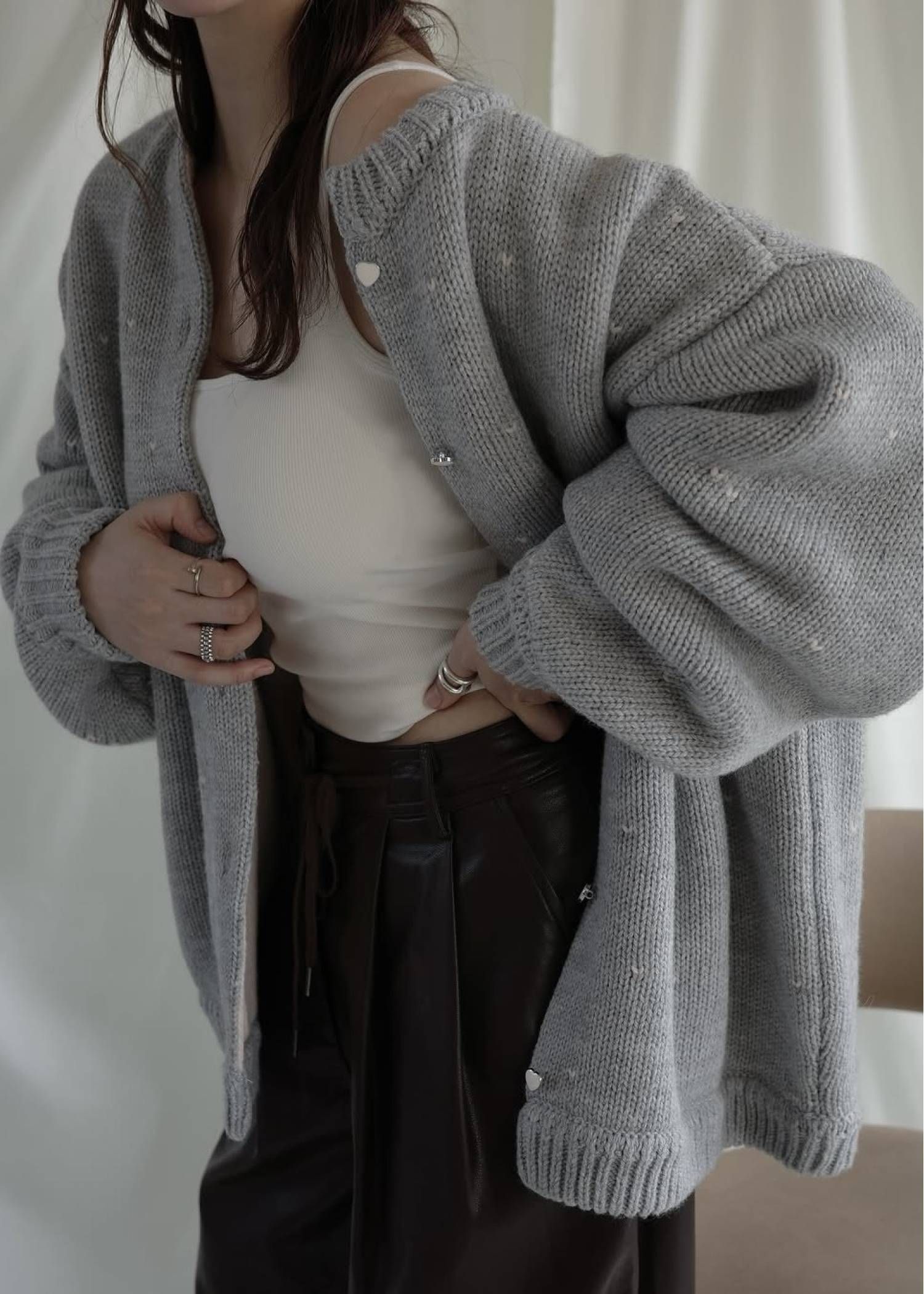 【ロング】ハートドット リバーシブルカーディガン (グレー×ベビーピンク) long heart dot jacquard reversible knit cardigan (gray×baby pink) /  26SS