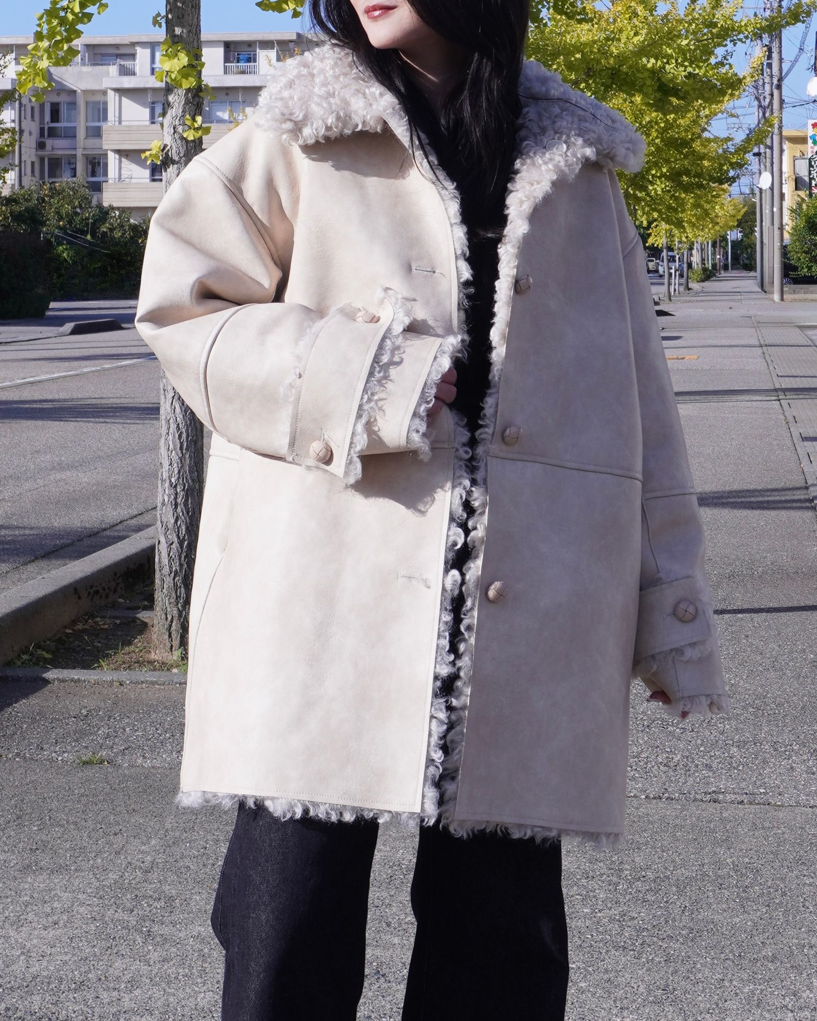 【25AW】Vintage Like Fake Mouton Reversible Coat (クリーム) / ヴィンテージライクムートン リバーシブルファーコート / エコファー / フェイクファー