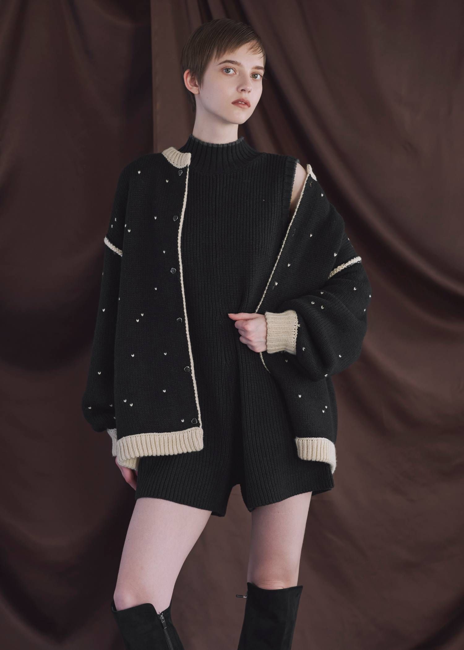 【ロング】ハートドット リバーシブルカーディガン (タン×ブラック) long heart dot jacquard reversible knit cardigan (tan×black) /  26SS