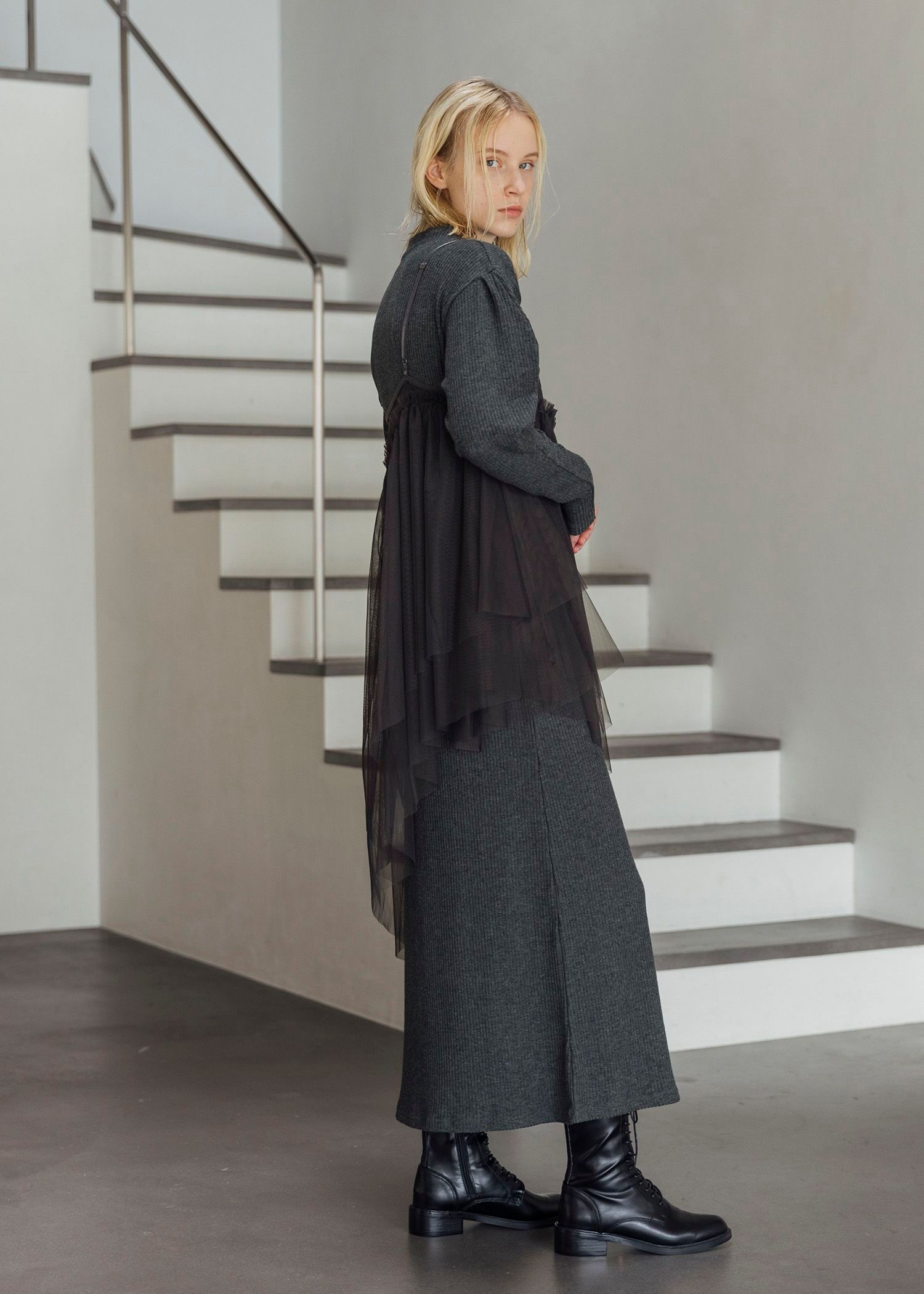asymmetry layered tulle cami OP / アシンメトリー レイヤードチュールキャミワンピース (チャコール) / 25AW /
