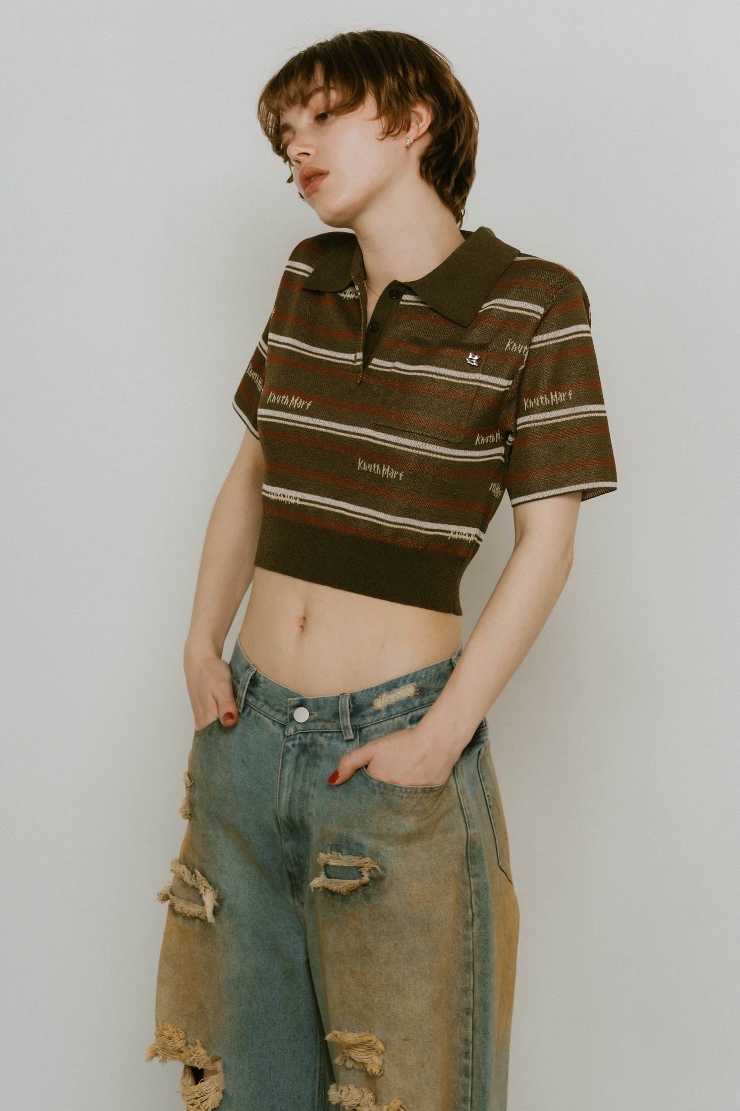 logo stripe polo knit / ロゴストライプ ニットポロシャツ ショート丈 (カーキ) / 25SS
