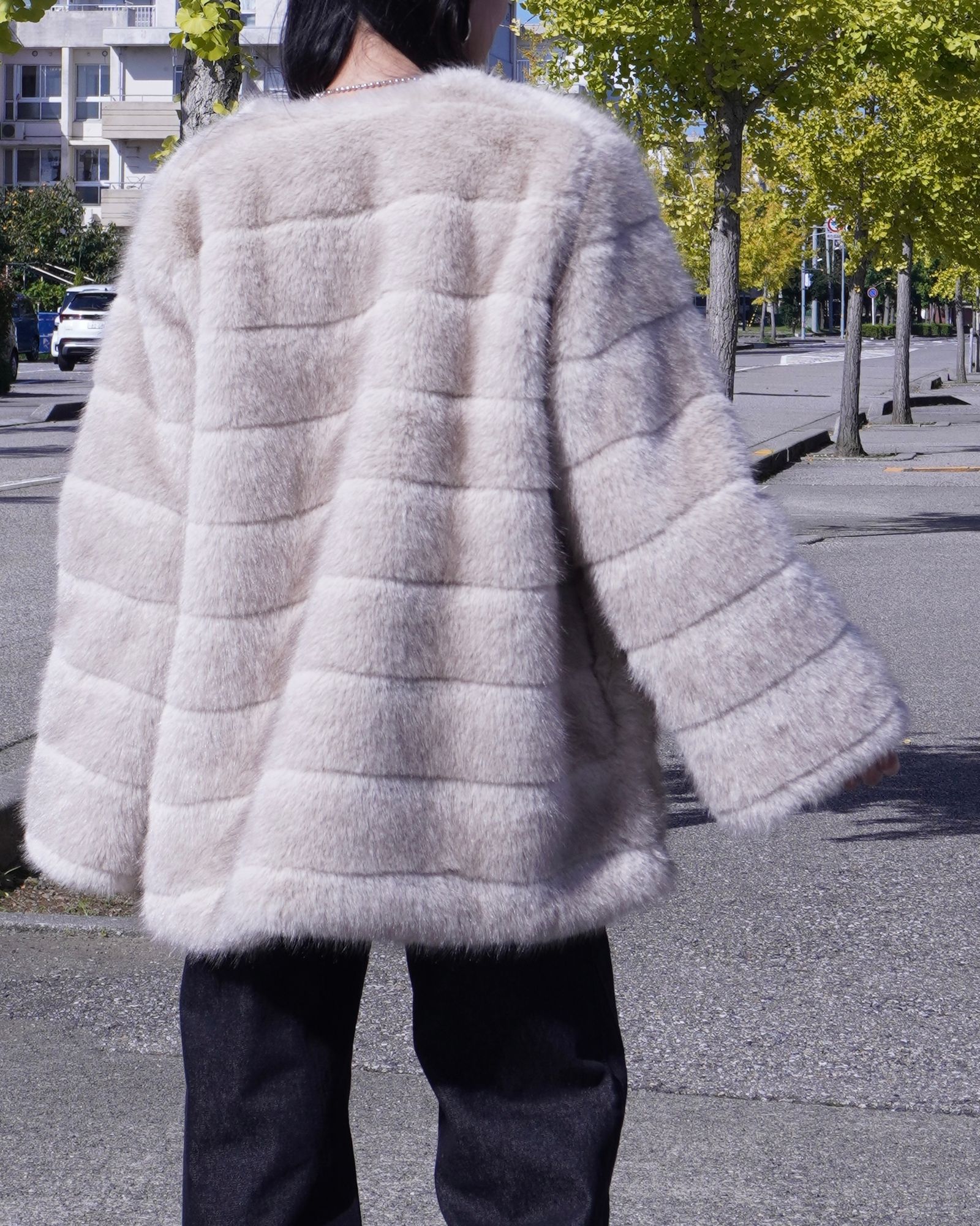 【25AW】Border Fur Coat (グレージュ) / ボーダーファーコート / エコファー / フェイクファー
