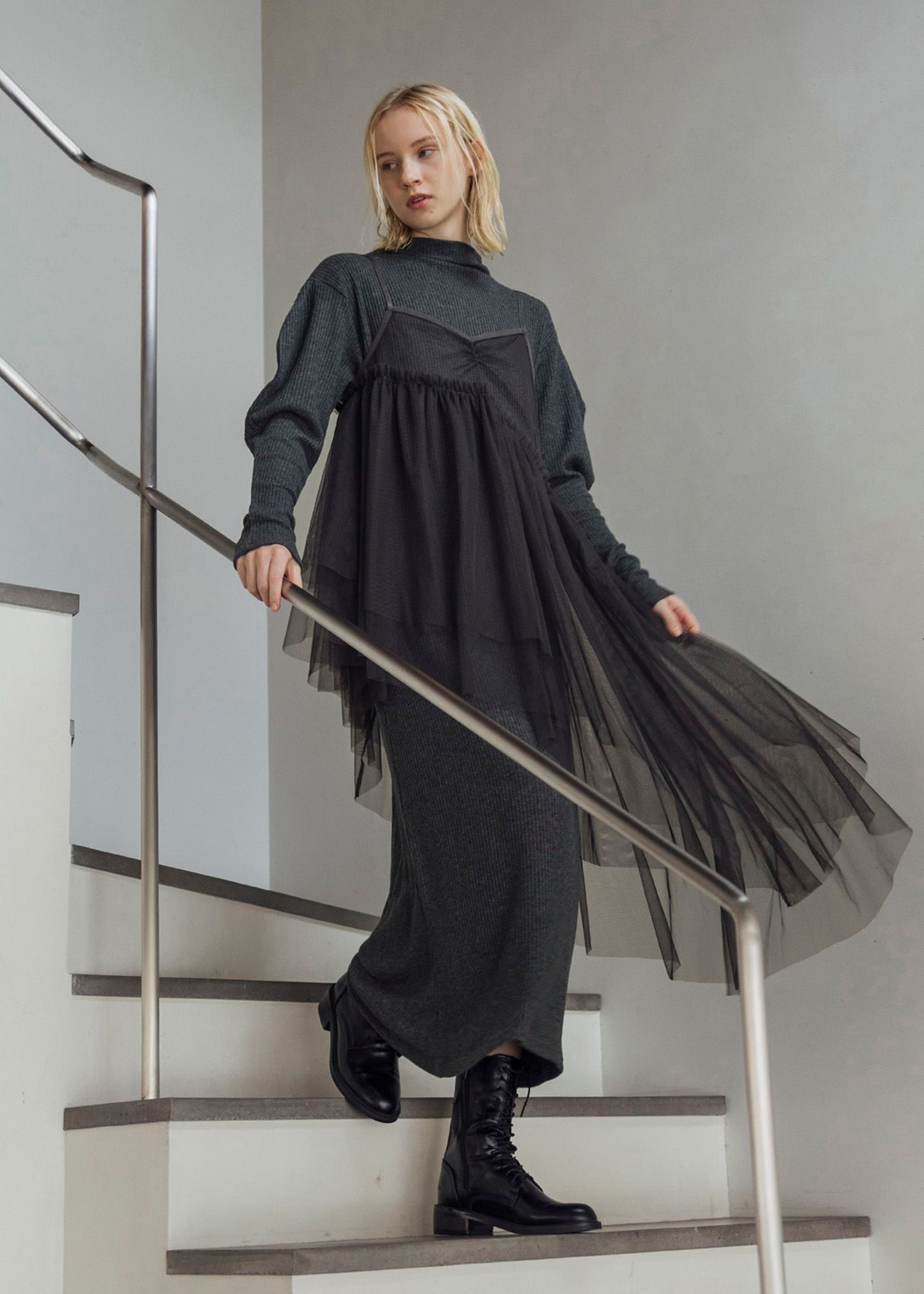 asymmetry layered tulle cami OP / アシンメトリー レイヤードチュールキャミワンピース (チャコール) / 25AW /