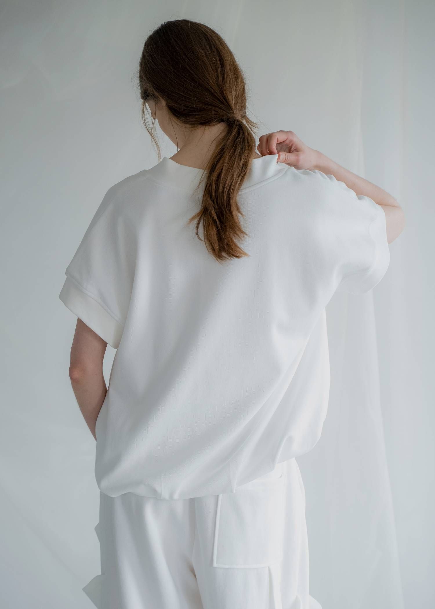 バルーンヘム スウェット半袖トップス (アイボリー) balloon hem moss stitch sweat tops (Ivory) /  26SS