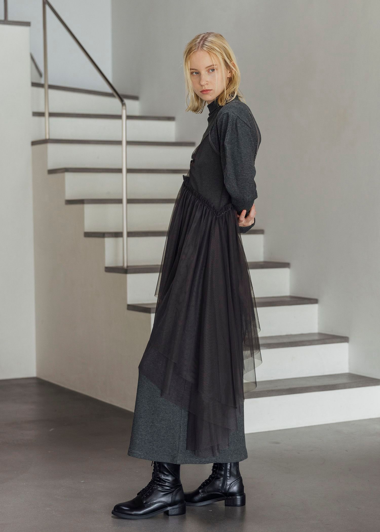 asymmetry layered tulle cami OP / アシンメトリー レイヤードチュールキャミワンピース (チャコール) / 25AW /