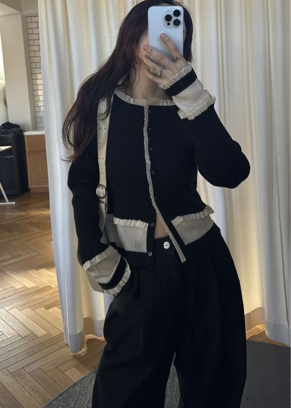 partial sheer frill knit cardigan / シアーフリル ニットカーディガン (Black) / 26SS