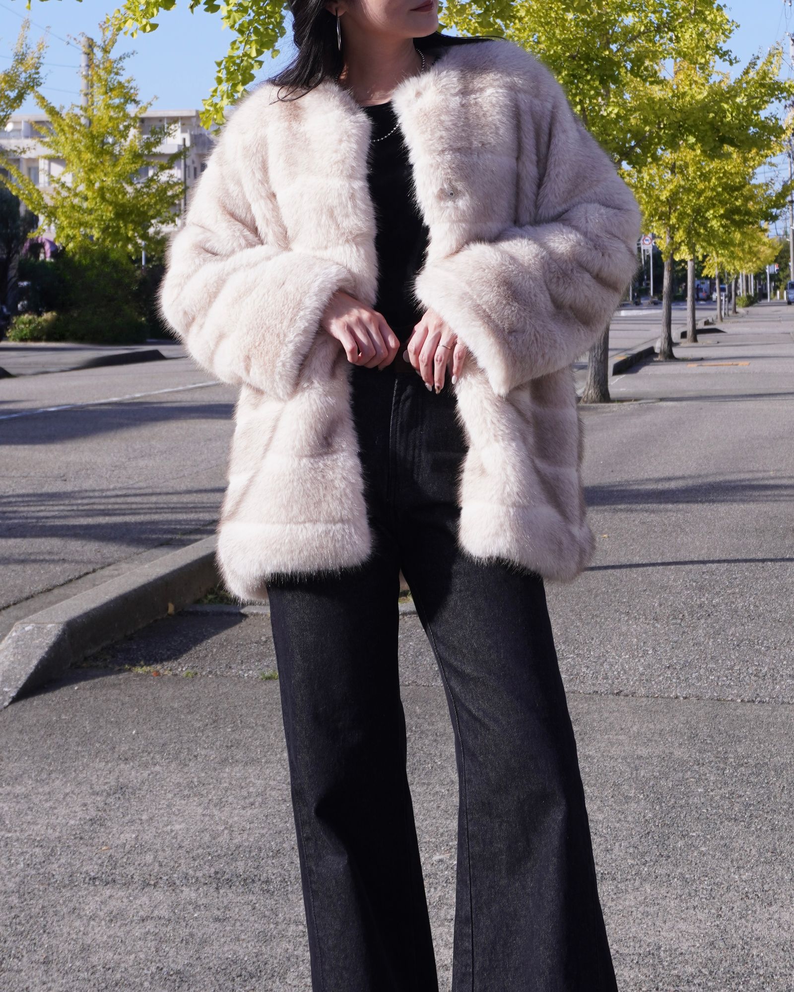 【25AW】Border Fur Coat (クリーム) / ボーダーファーコート / エコファー / フェイクファー