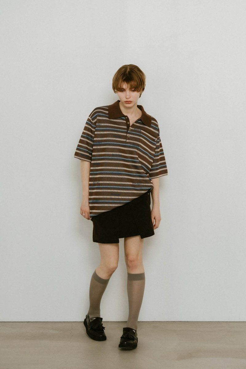logo stripe polo knit (unisex) / ロゴストライプ ニットポロシャツ レギュラー丈 (ブラウン) / 25SS