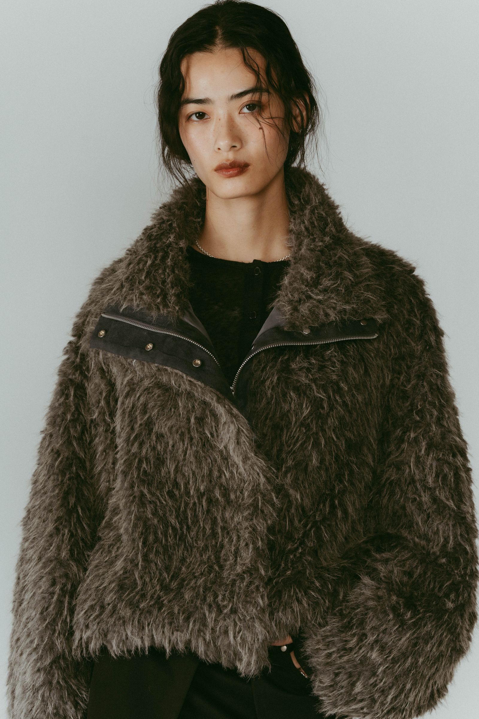 shaggy stand collar coat / シャギースタンドカラーコートブルゾン (グレー) / 25AW